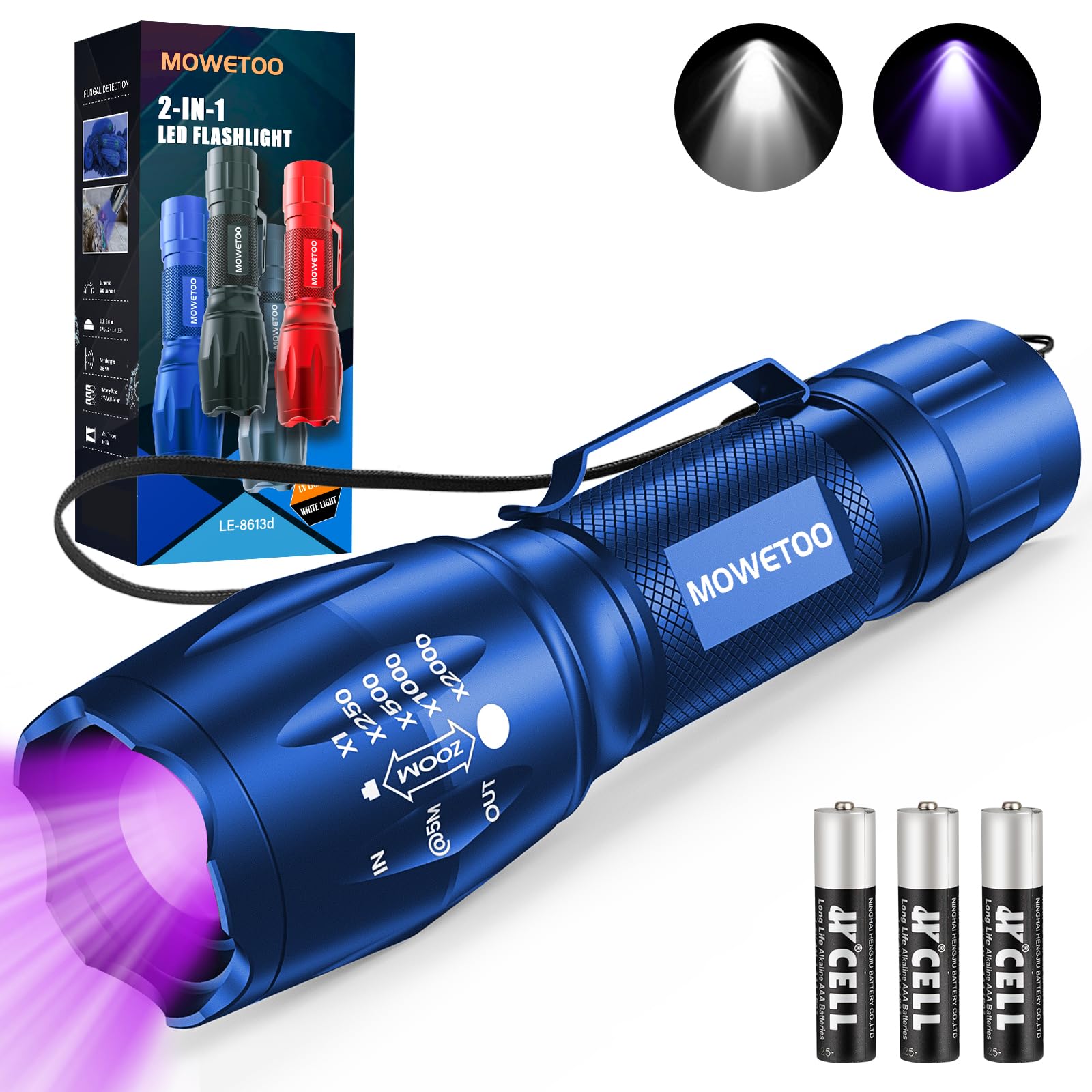 MOWETOO Taschenlampe, UV Lampe 2 in 1 Schwarzlichtlampe, 395nm Ultraviolette 4 Modi, Detektor für Unechte Banknoten, Urin von Hunde und Andere Haustiere Urin-Detektor, Inklusive 3 AAA Batterien 40W