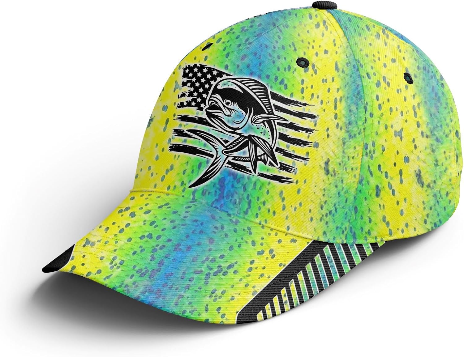 Personalized American Flag Mahi Mahi Fishing Hat, Unisex Fishing Baseball Angler Hat Cap Multicolor
