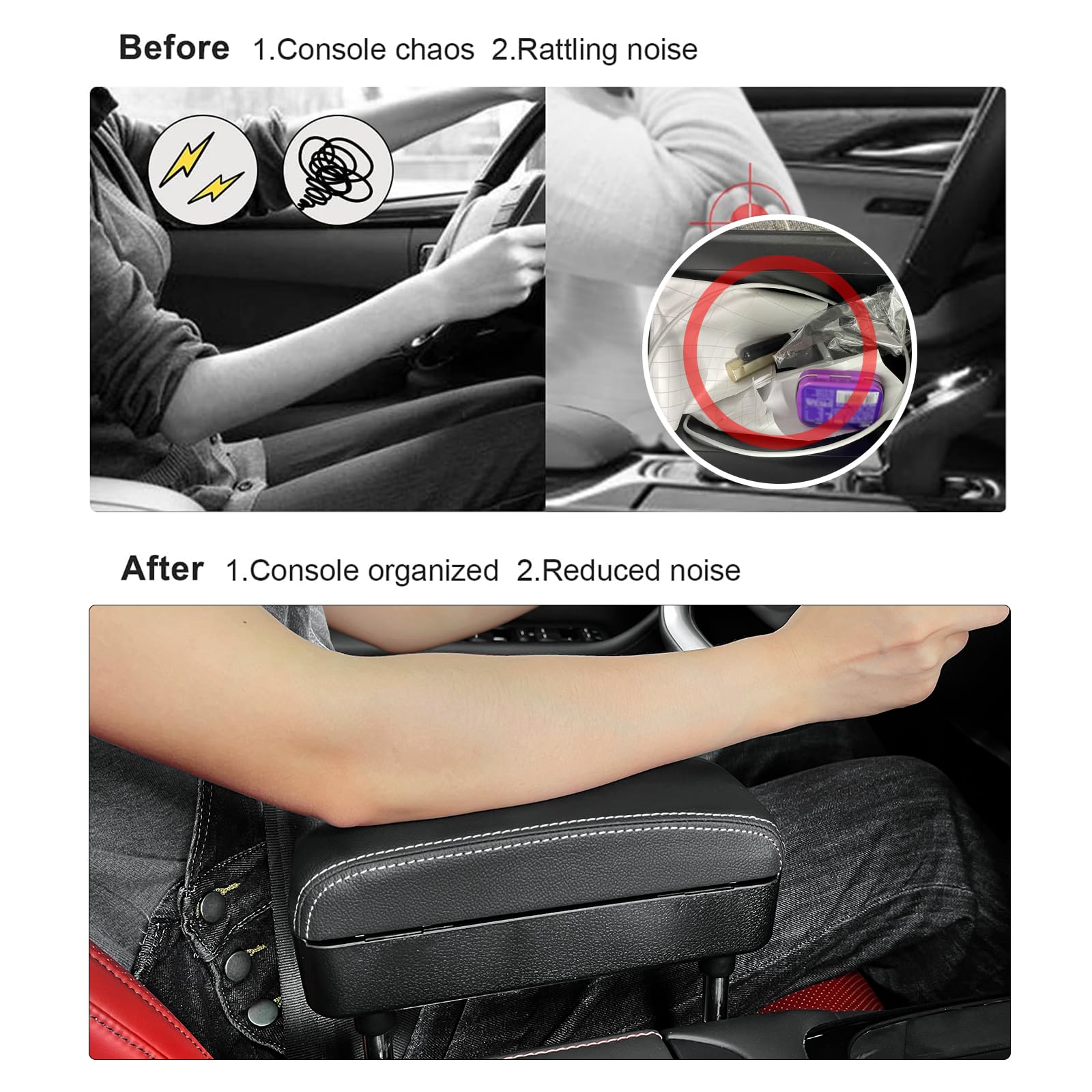 BIXUAN Bracciolo centrale universale, contenitore per auto, organizer per braccioli, console centrale, supporto per gomiti, cassa telescopica regolabile (linea bianca tutti senza freno a mano)