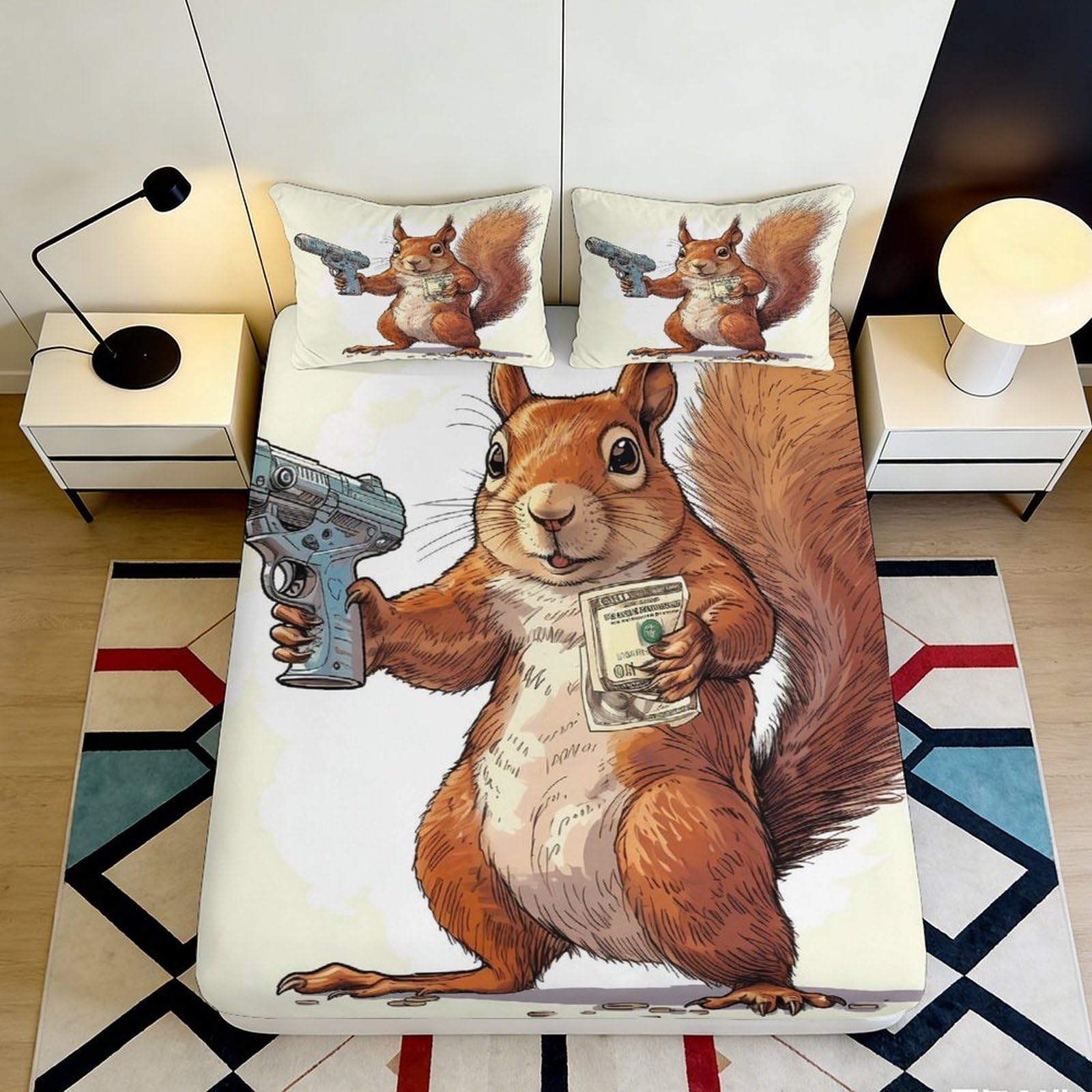 3D Printed Squirrel Fitted Sheet Microfiber Deep Pocket Bedroom Non-Slip Squirrel Mattress Fitted Cover Washable Home 200x200x25cm