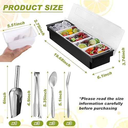 Miniatura 2 de Tessco Bandeja para decorar con tapa, contenedor de condimentos refrigerado con cuchara de hielo de acero inoxidable, 3 pinzas de metal, 3 tenedores