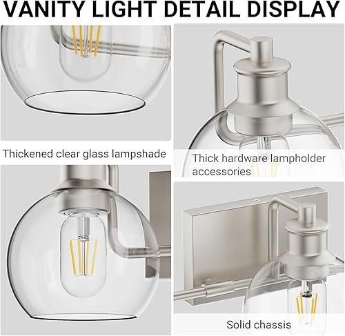 Miniatura 6 de Tipace Lámparas de tocador de baño modernas de níquel cepillado sobre espejo globo de vidrio, 3 luces industriales, iluminación de baño de granja