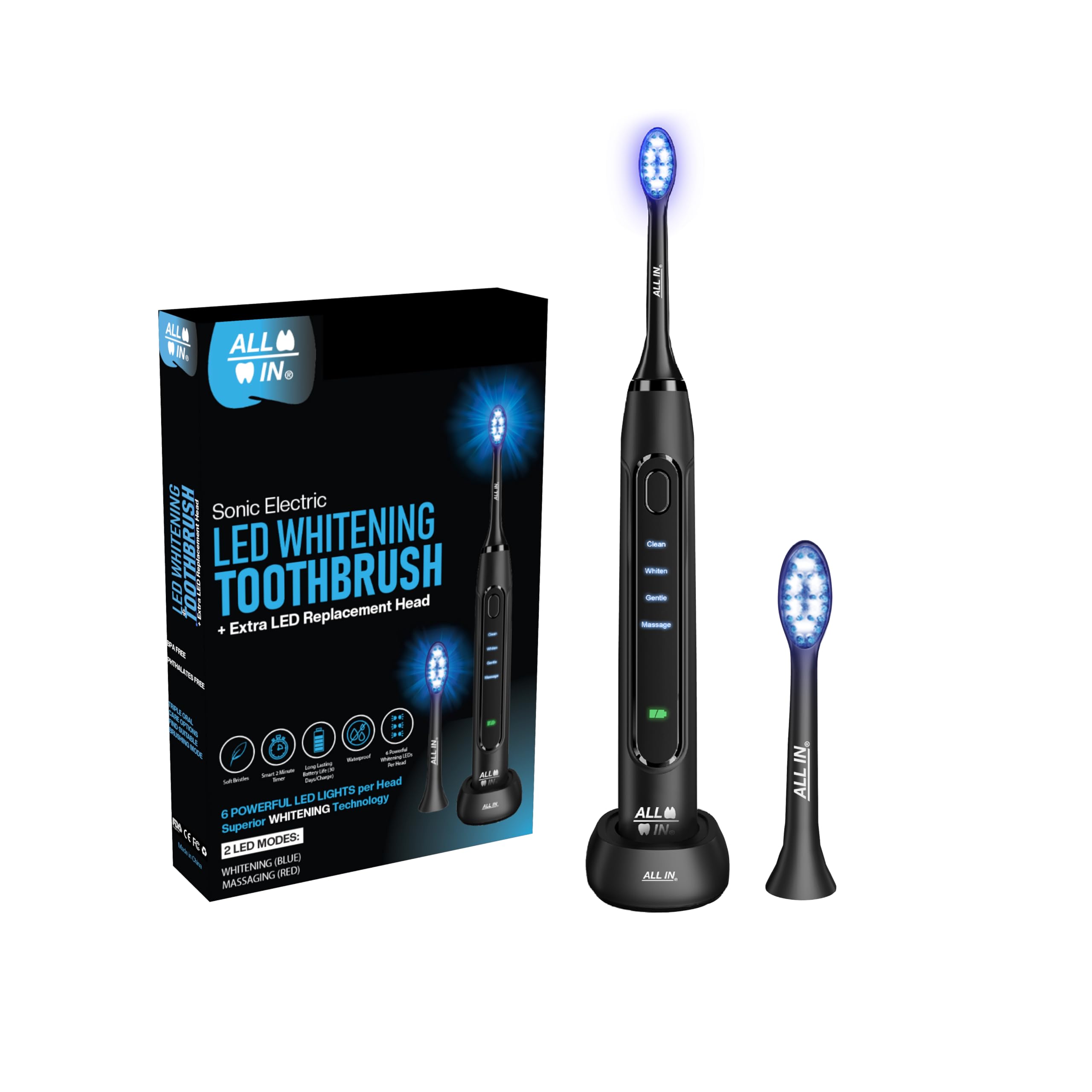 ALL IN Sonic Rechargeable LED Whitening Toothbrush - Blue RED LED Light Technology - 4 Advanced Deep Cleaning