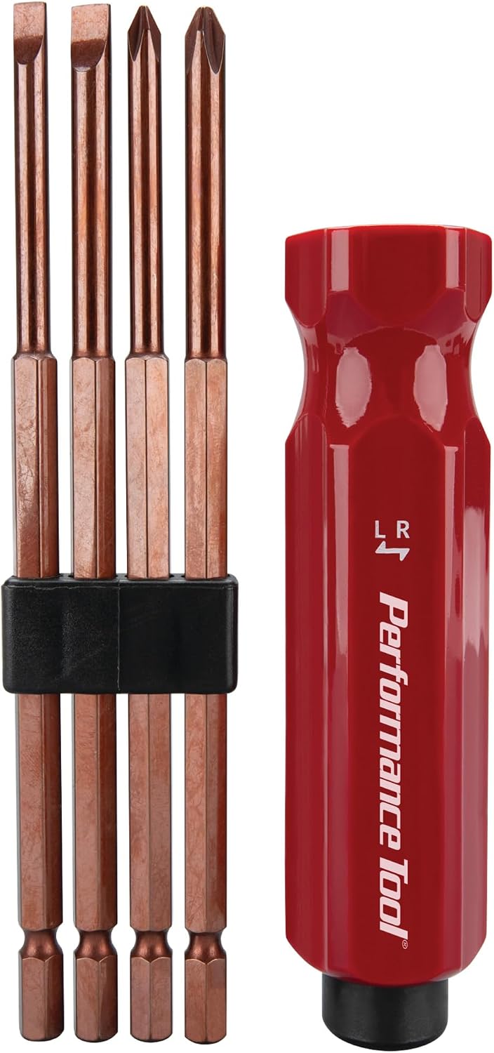 Performance Tool W2505 5 Pc. Hammer Screwdriver Kit, Phillips and Slotted Bits, S2 Steel, Reversible, Red