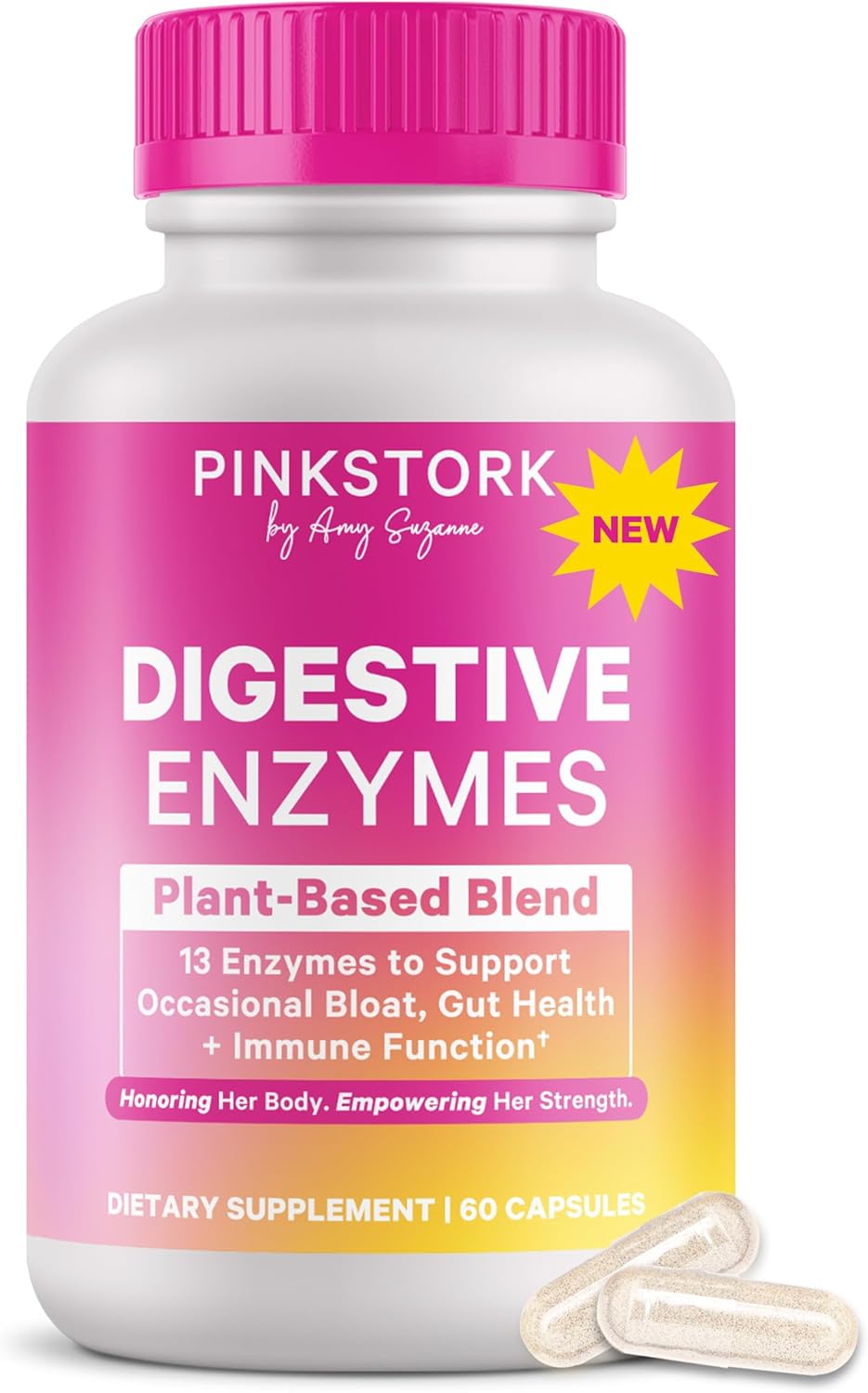 Pink Stork Digestive Enzymes for Women | Supports Digestion, Gut Health, Bloating Relief, Metabolism + Nutrient Absorption | GLP-1 Support | Vegan | 13 Enzymes + Amla Supplement | 60 Capsules