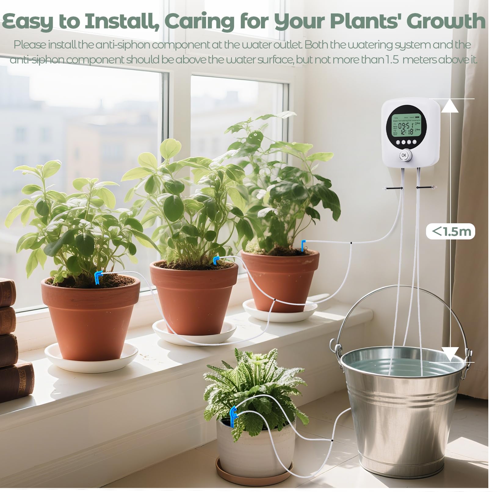 Abbeveratoio automatico a 2 zone per vacanze al chiuso, sistema di irrigazione a goccia con timer digitale programmabile, supporto per 15 piante da appartamento in vaso con dispositivi di irrigazione