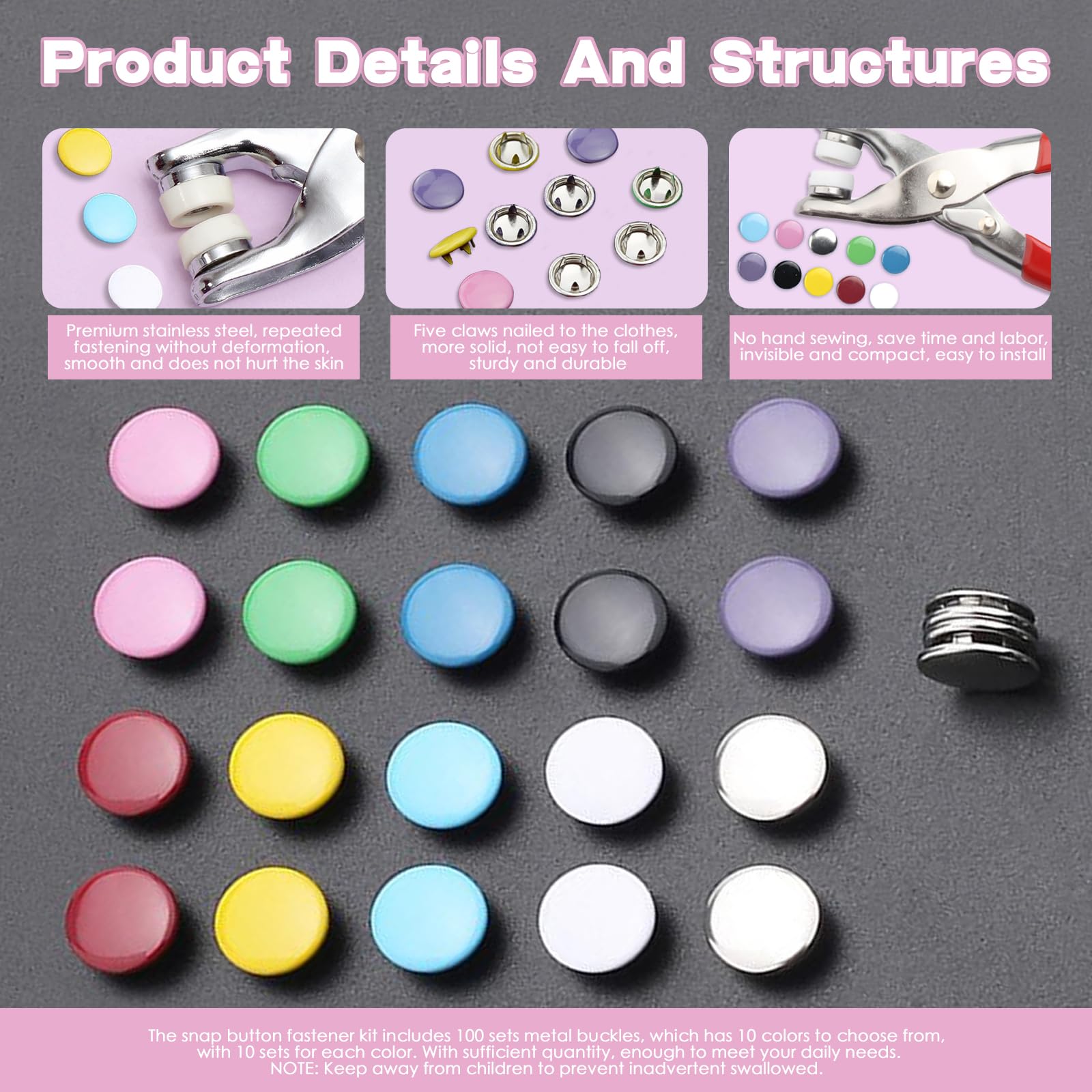 Set 100 Bottoni A Pressione Argento - Kit Fai Da Te Con Pinza Per Cucito