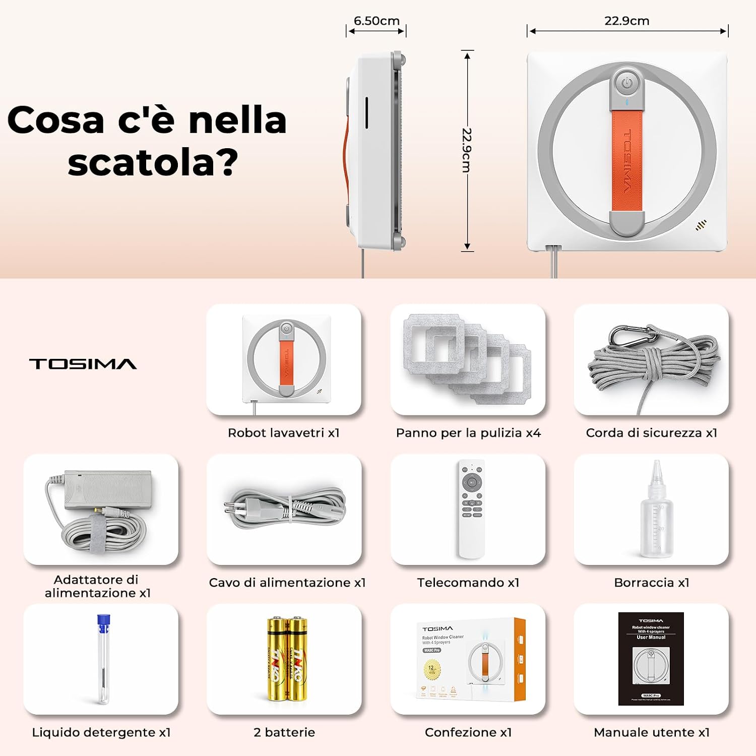 Contents of the Tosima WA9C Pro package, including the robot, cleaning cloths, safety rope, power adapter, power cable, remote control, spray bottle, cleaning liquid, batteries, and user manual.