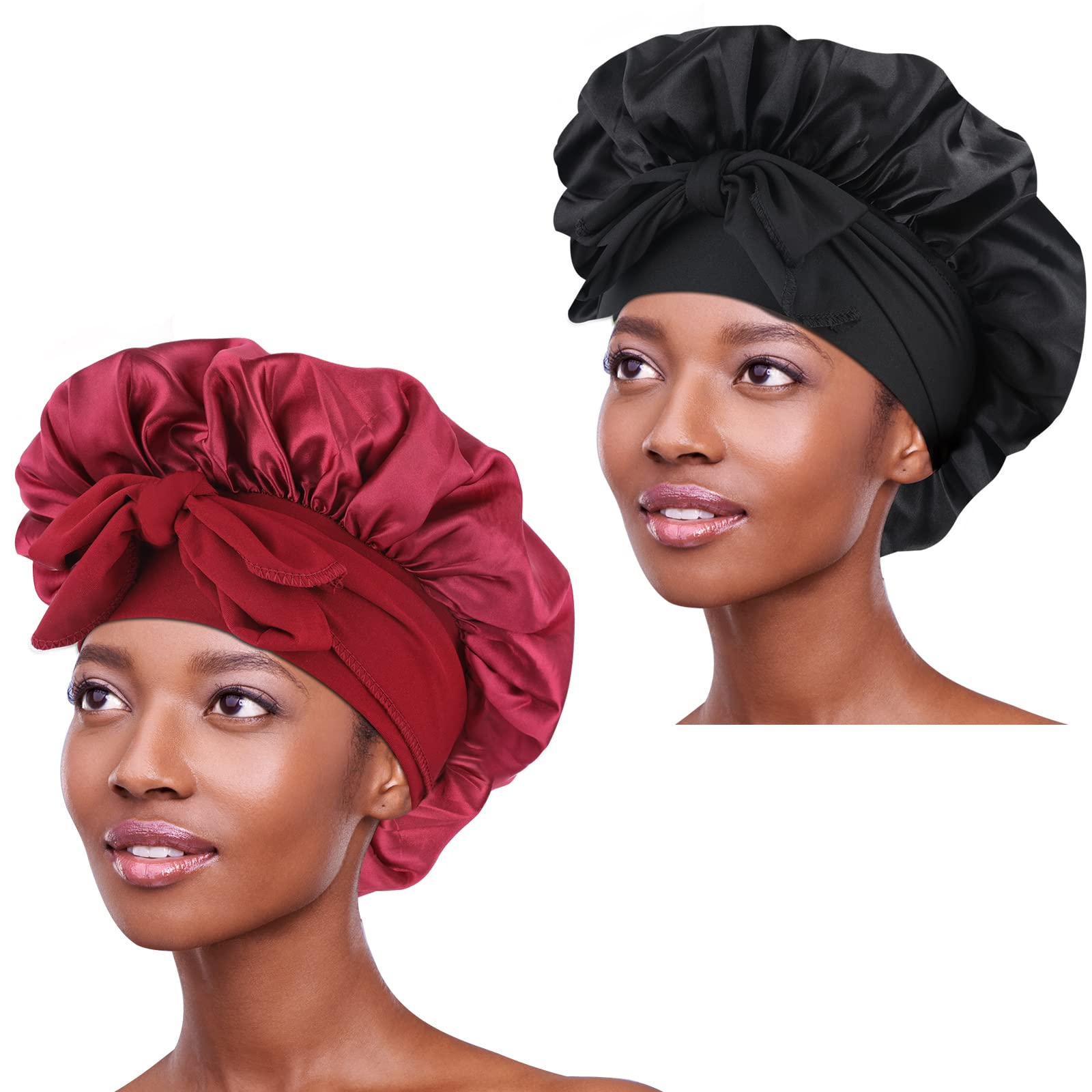 2 Pack Bonnet with Tie Band, Satin Bonnet Silk Bonnet Hair Bonnet for Sleeping, Sleep Bonnets for Black Women, Large Bonnet for Braids Curly Hair, B