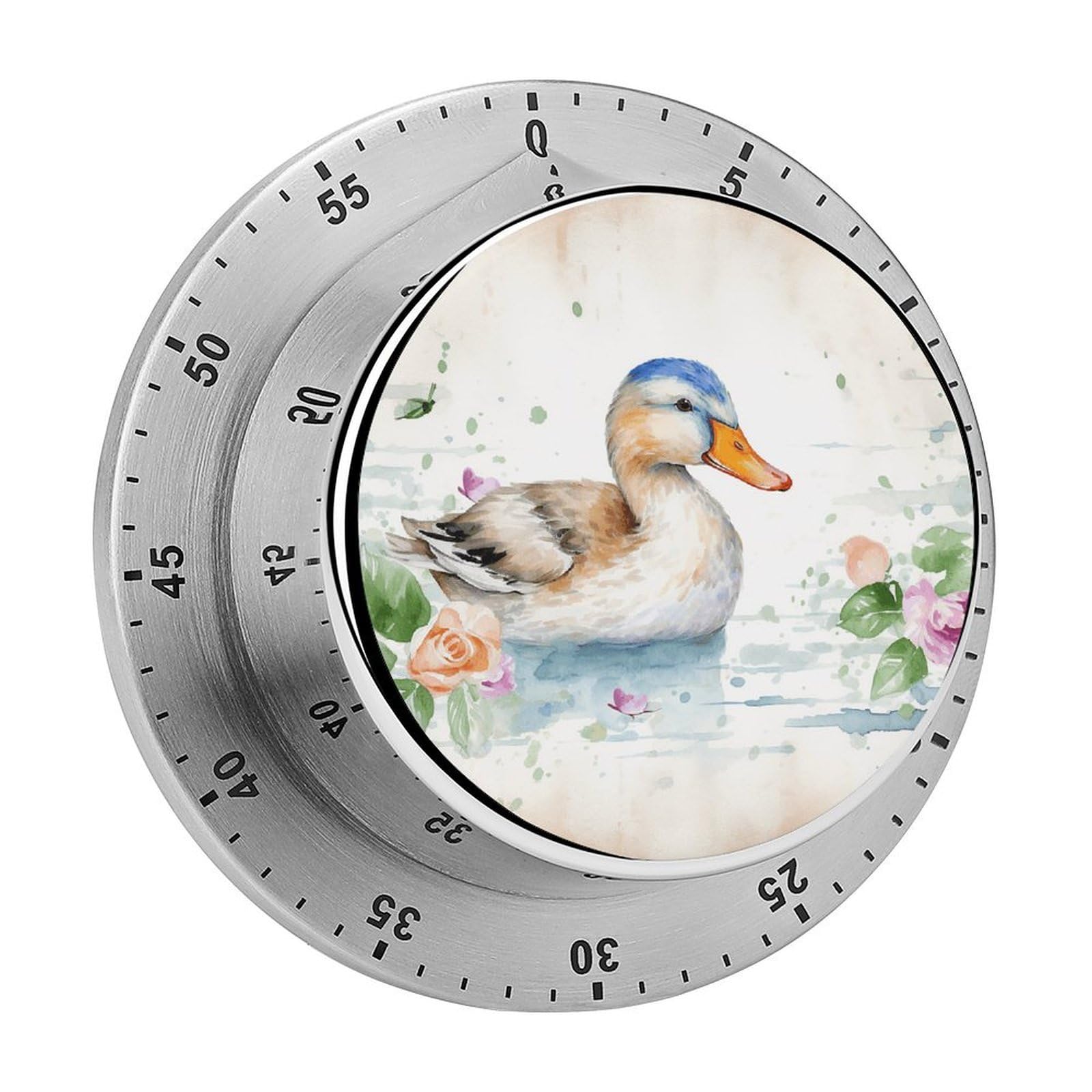 Mechanical Kitchen Timer with Magnetic Back, Stainless Steel Manual Watercolor Duck Printed Timer for Cooking and Time Management