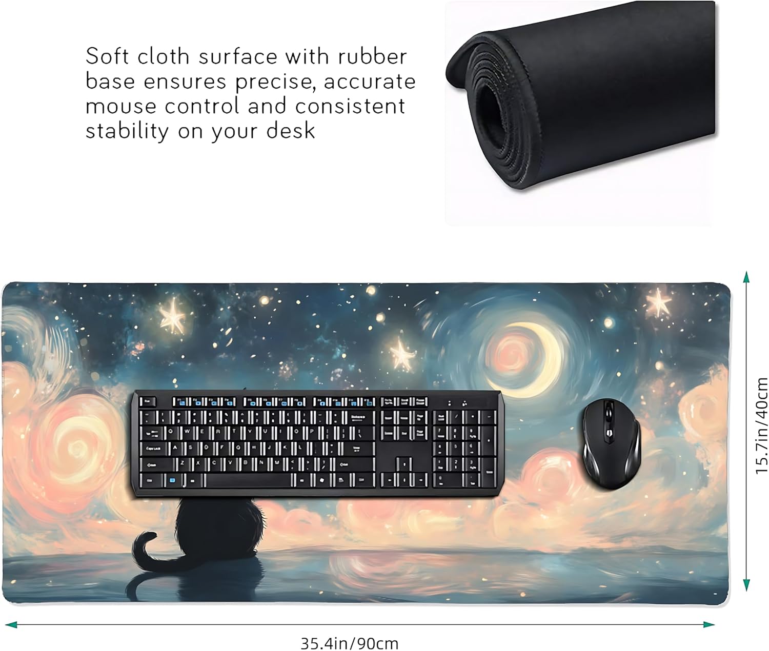 Cute Anime Black Cat Gaming Mouse Pad, Colorful Van Gogh Desk Mat with Anti-Slip Base & Stitched Edges, Computer Keyboard & Laptop Pad, 35.4" x 15.7" in in Workstation Accessories image 4