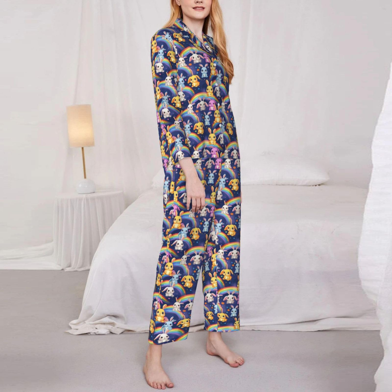 Pigiama a maniche lunghe da donna con stampa di coniglio arcobaleno Set Lounge Sleepwear Accogliente Nightwear Loungewear tutti i giorni