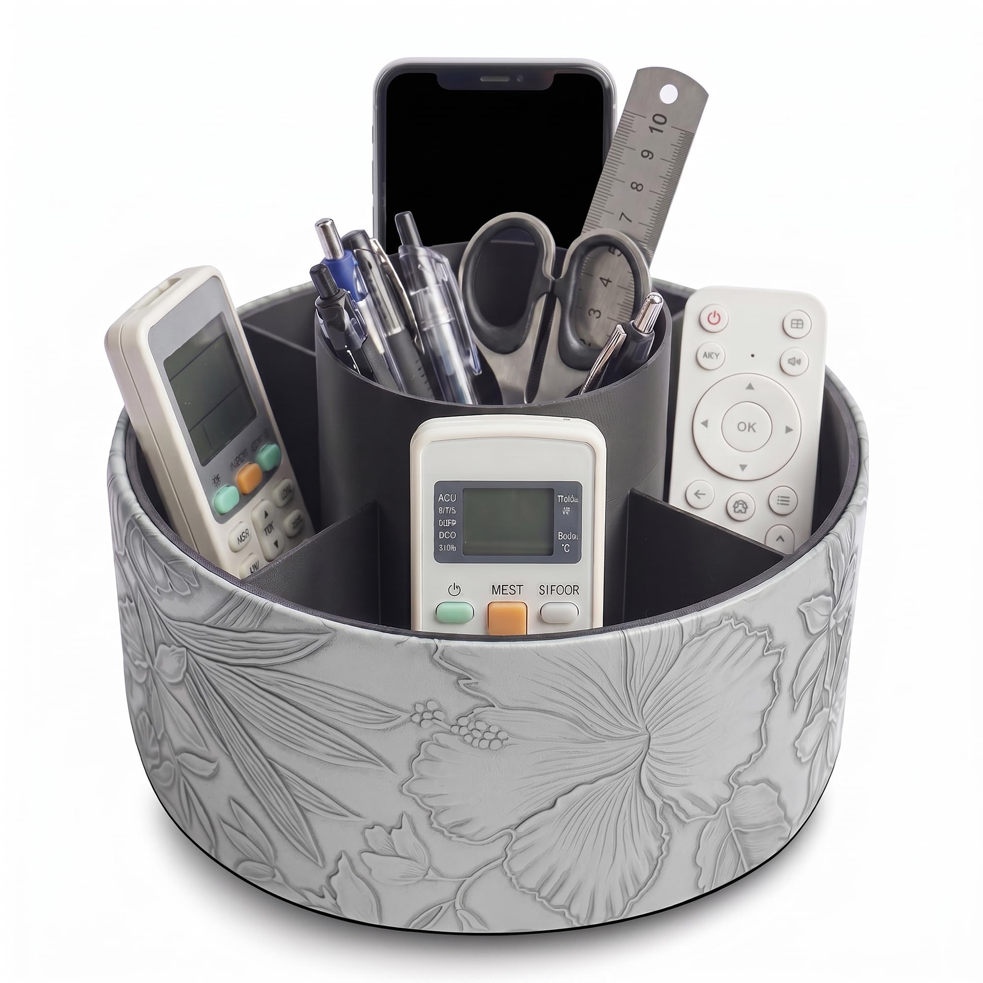 Czzmy Round Leather Art Supply Organizer,Remote Control Holder,360 Degree Spinning,Multi-Functional Pencil Holder,5 Compartments Desktop Stationary Organizer(1-Carved Grey)