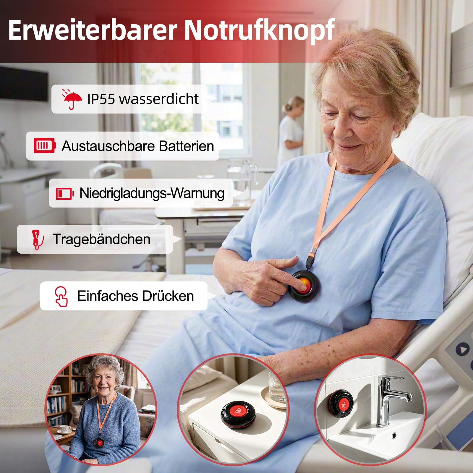CallToU Pager mit Sprachaufruf für Pflegestationen, Restaurants | Display-Empfänger;Zahlenanzeige;Sprachansage;300M Große Reichweite;Erweiterbarer Notrufknopf