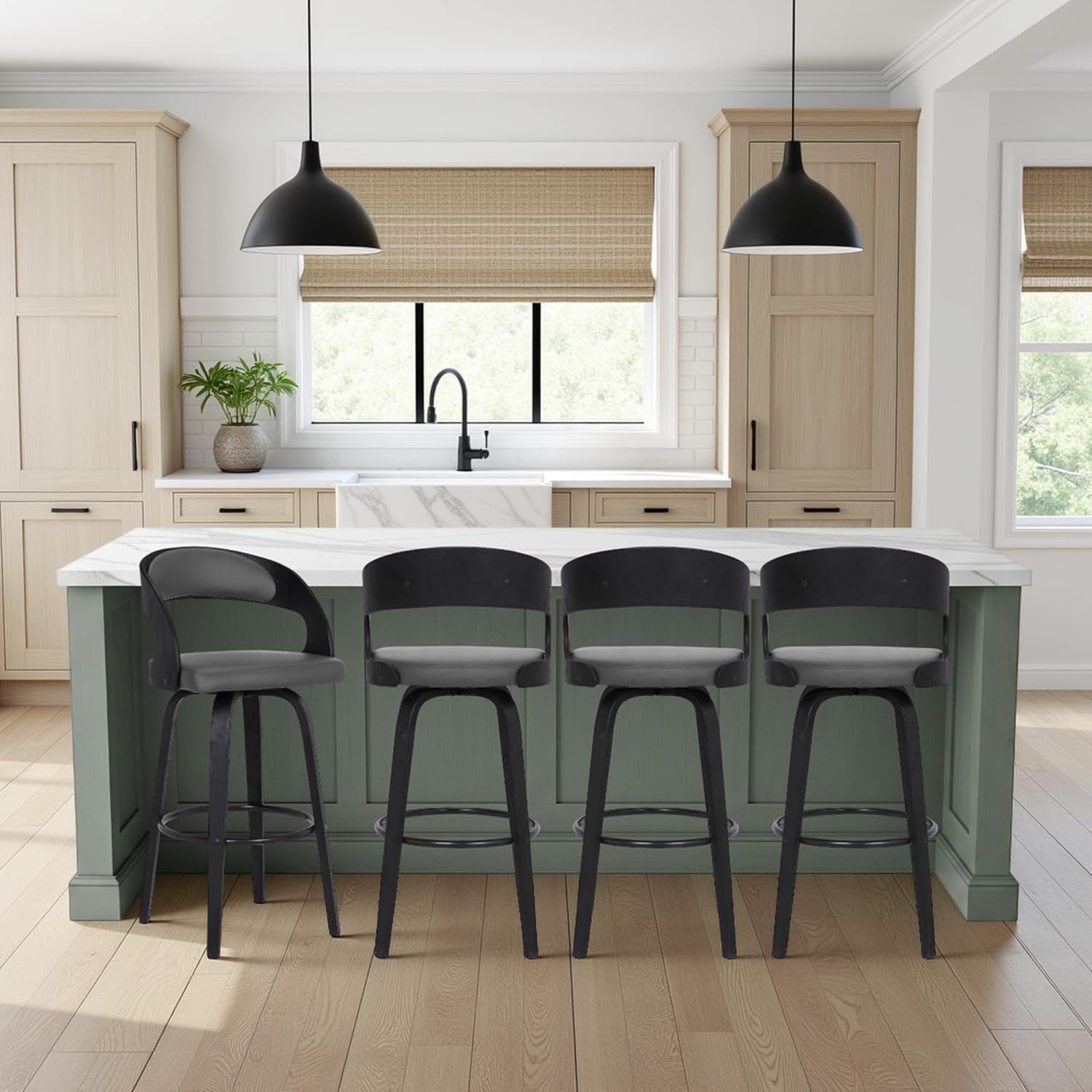 Armen Living Shelly 26" Counter Height Swivel Gray Faux Leather and Black Wood Bar Stool - Set of 4