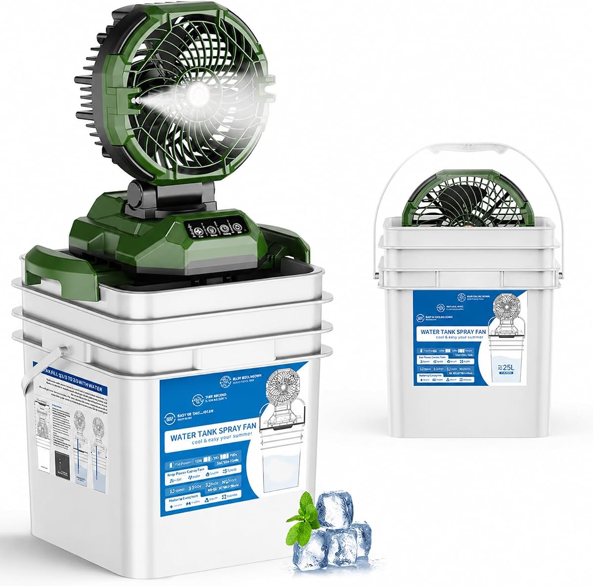 Portable Misting Fan with 25L Bucket, 30000mAh Rechargeable Battery Powered, 12Hrs Mist Rechargeable Fans, 4 Strong Winds, 4 Spray Mister, 3 Lighting Settings for Outdoor, Camping, Patios (Green)