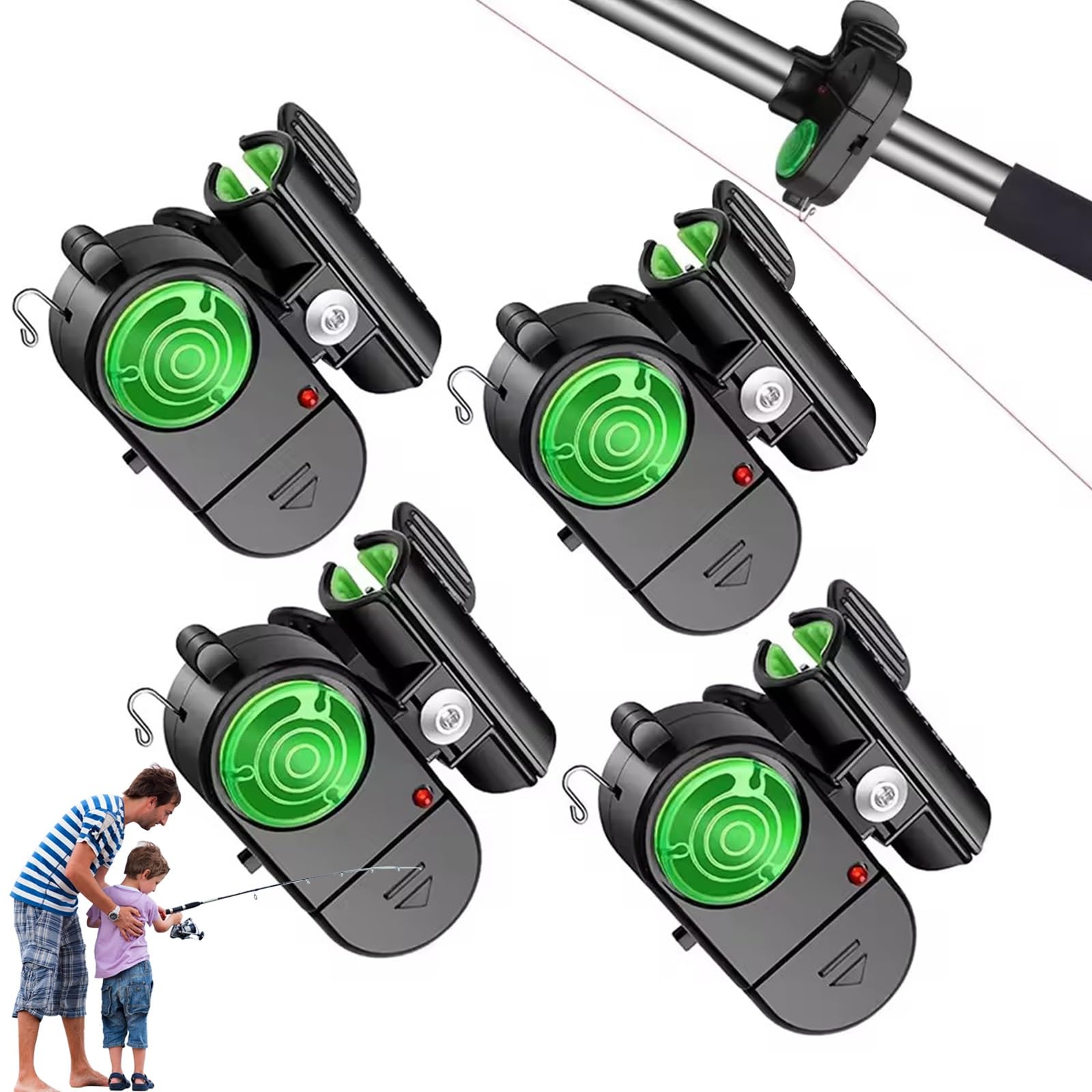 Alarma de Pesca Clip con Luz LED y Sonido, Alarma Caña de Pescar 2025 Electrónica Sensible con Indicador Cañas, Sensores Picadura Portátiles, Campanas Inteligentes(4pack)