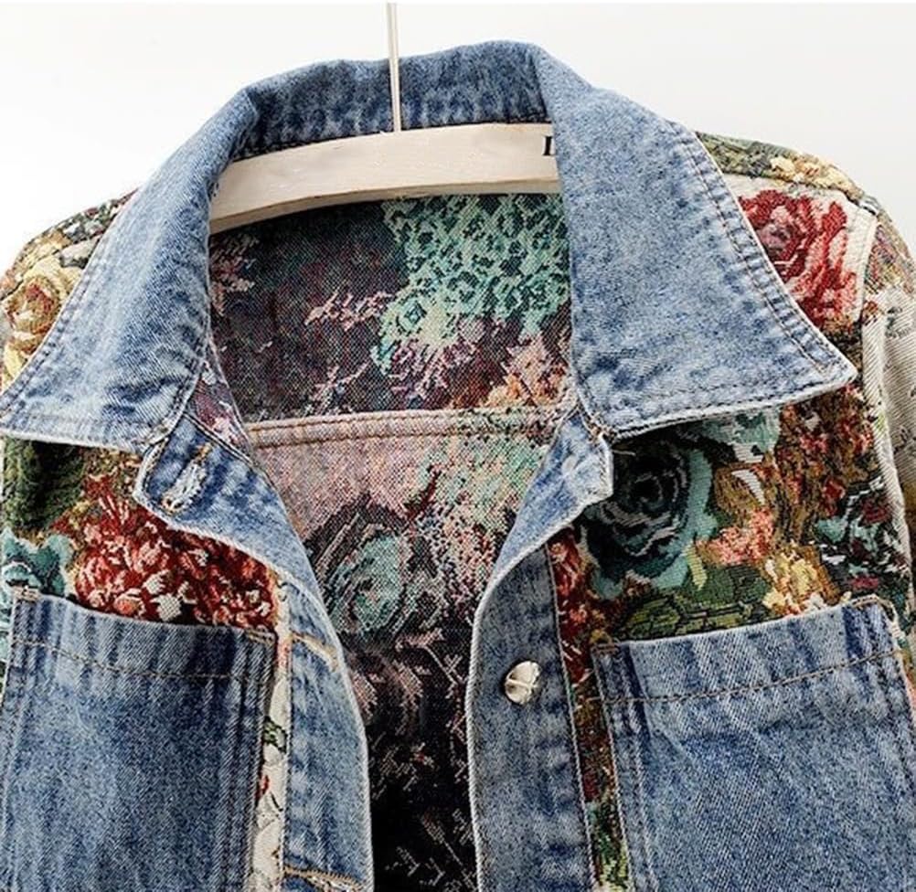 Women Flower Print Jean Jacket, 2025 Autumn Y2K Long Sleeve Button Down Lapel Cropped Denim Outerwear