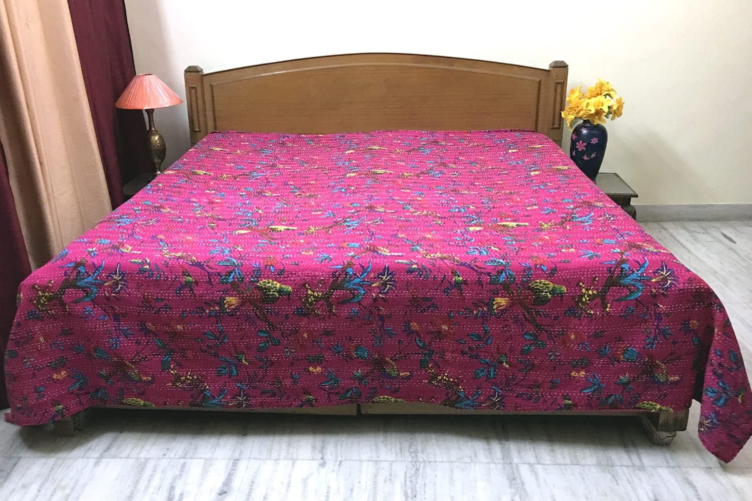 Indian Bohemian Magenta Queen Size Kanta Quilt Decorative Cotton Kantha Work Bird Printed Hand Crafted (108 x 90) -Set of 1 Coverlet Bedspread