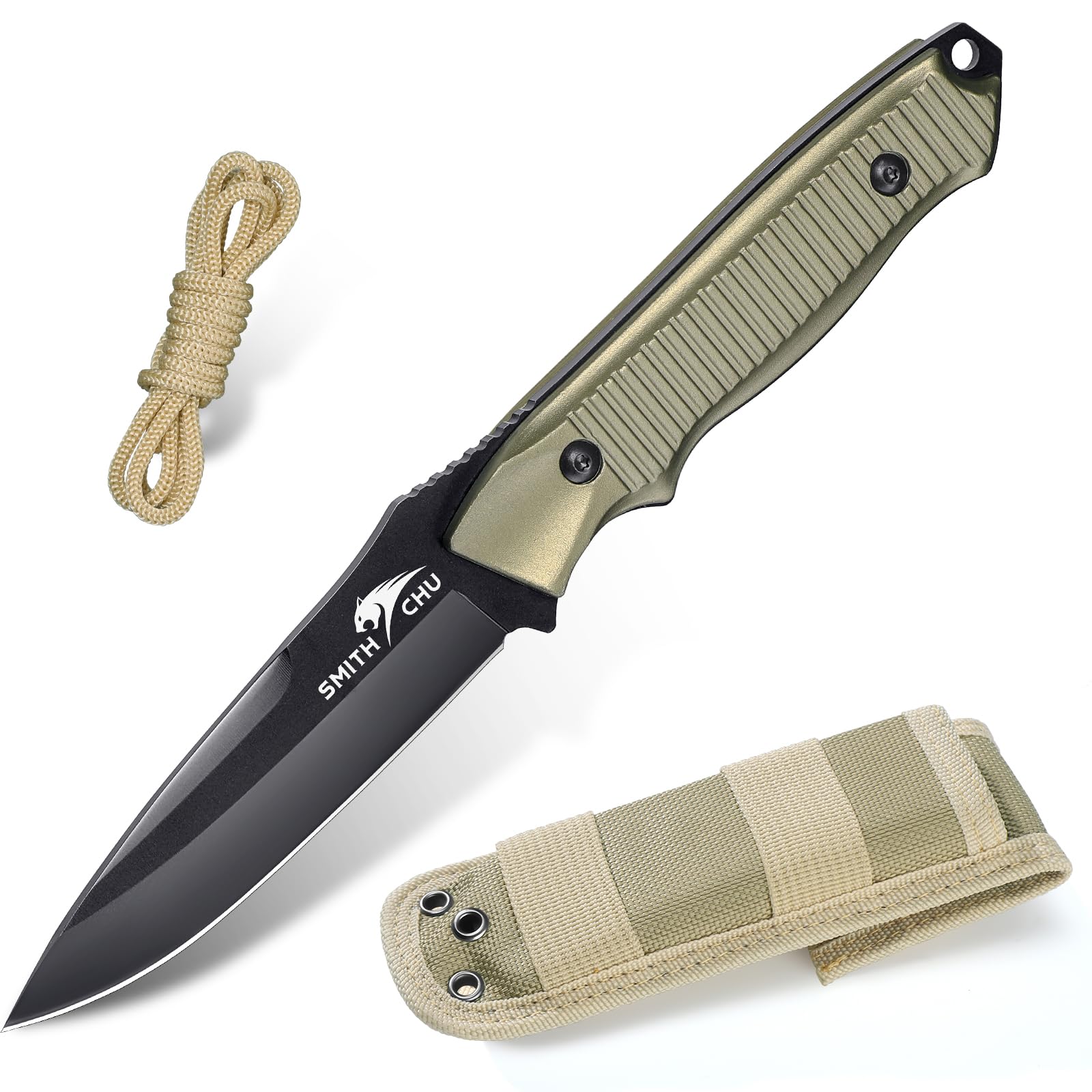 SMITH CHU Coltello da esterno con Paracord Coltello da sopravvivenza con fodero Coltello da caccia Full Tang Lama fissa Manico in lega Regalo per uomo