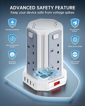Tower Extension Lead 5M, 8 AC Outlets and 4 USB Ports Extension Tower
