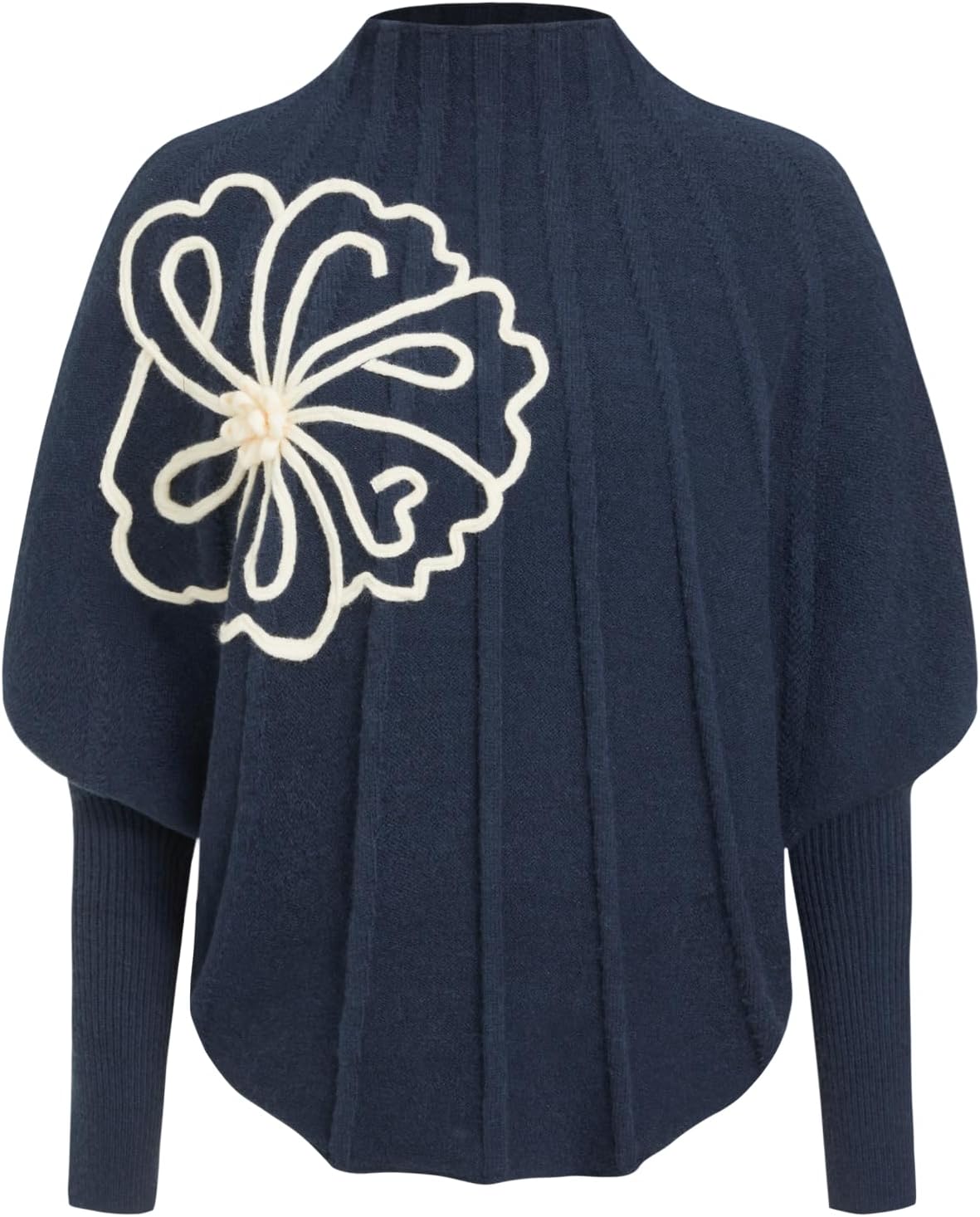 CIDER Crop Poncho Sweater Flower Applique Mock Neck Knit Top