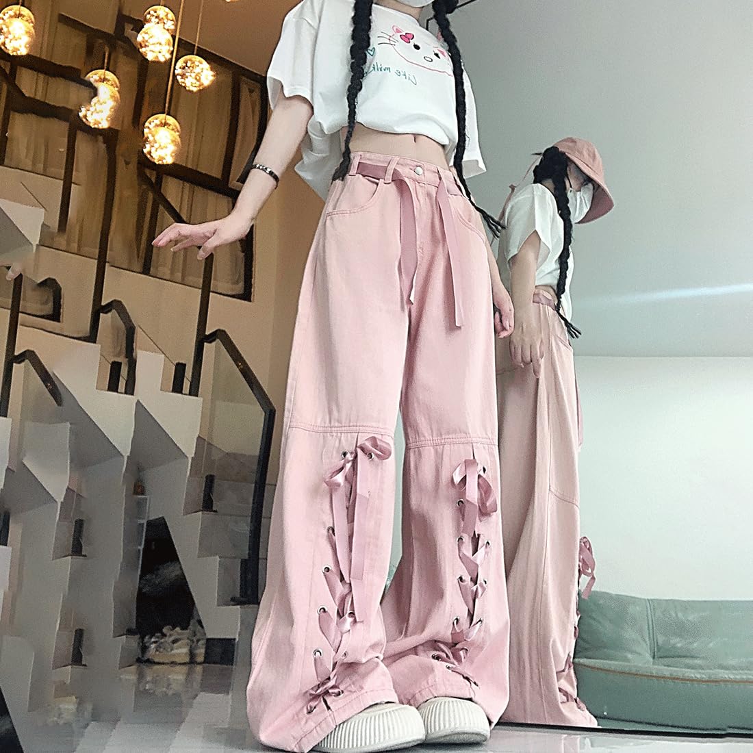 Harajuku Y2K Kawaii Gothic Vintage Casual Style High Waisted Straight Wide Leg Ribbons Trim Pink Denim Pants: Pink Medium