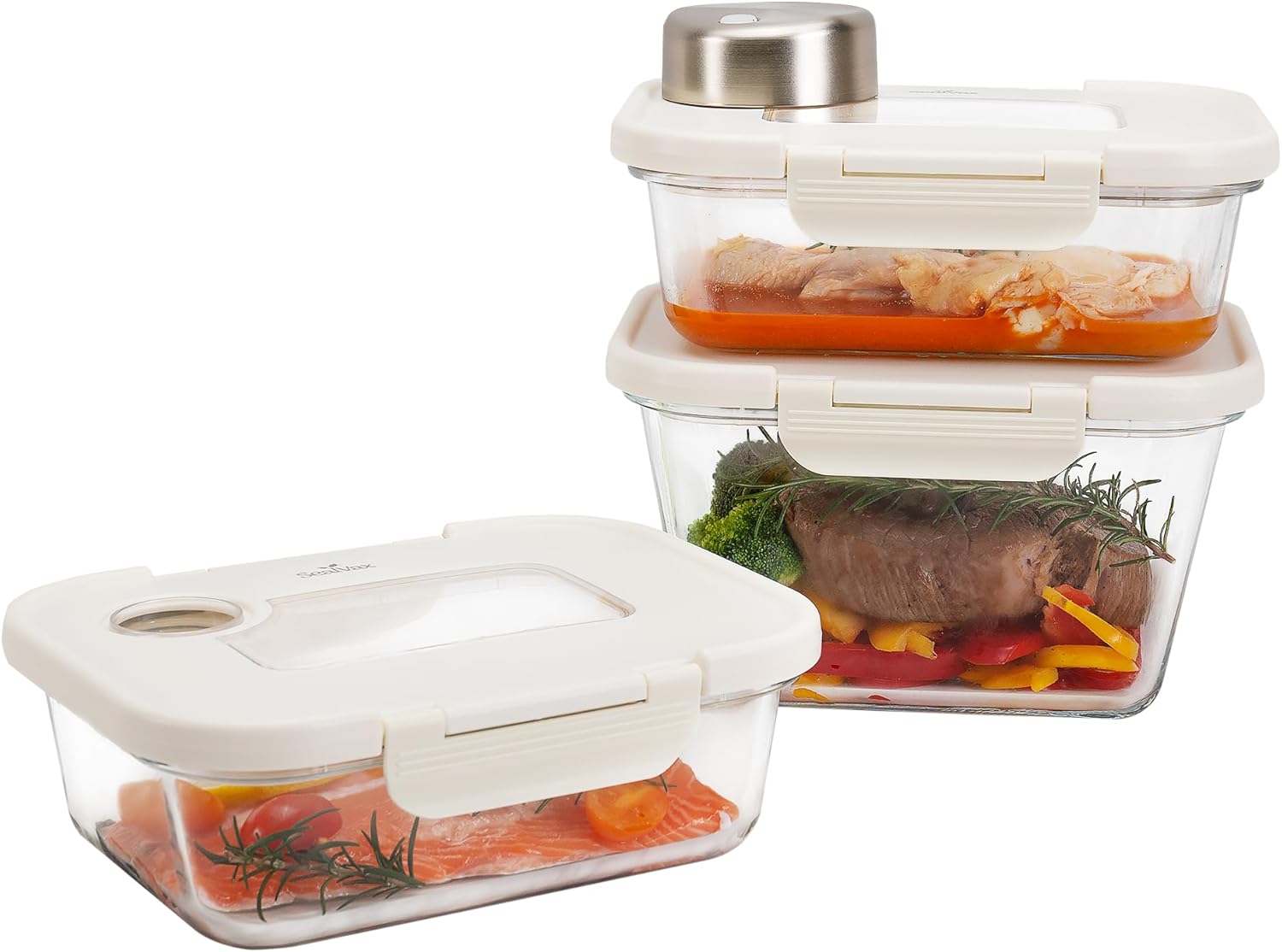 SealVax®Premium Vacuum Glass Storage Containers with Lids, Portable Vacuum Sealer, Compatible with Mason Jar, Vacuum Storage Bags, VOYD Glass Canisters, Auto Vacuum Sealer for Marinating(Cream)
