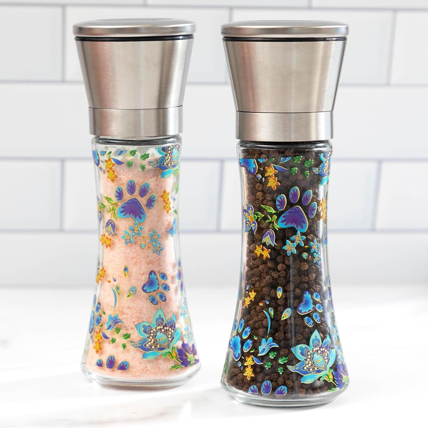 Stainless Steel Salt Pepper Grinder Set Adjustable Coarseness Glass Durable Decorative Kitchen Gifts for Home Chef (Rustic Paws & Petals)