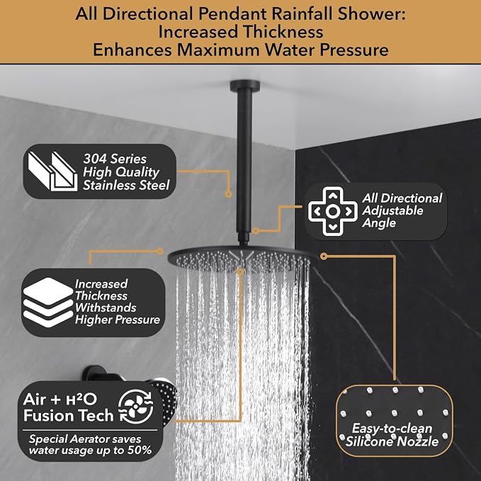 Juego de grifo termostático para ducha VANFOXLE, color negro mate | Sistema de ducha con interruptor de presión, cabezal lluvia de 12 pulgadas para montaje en techo, cabezal lateral de 6 pulgadas, rociador de mano 2-en-1, diseño moderno miniatura 4