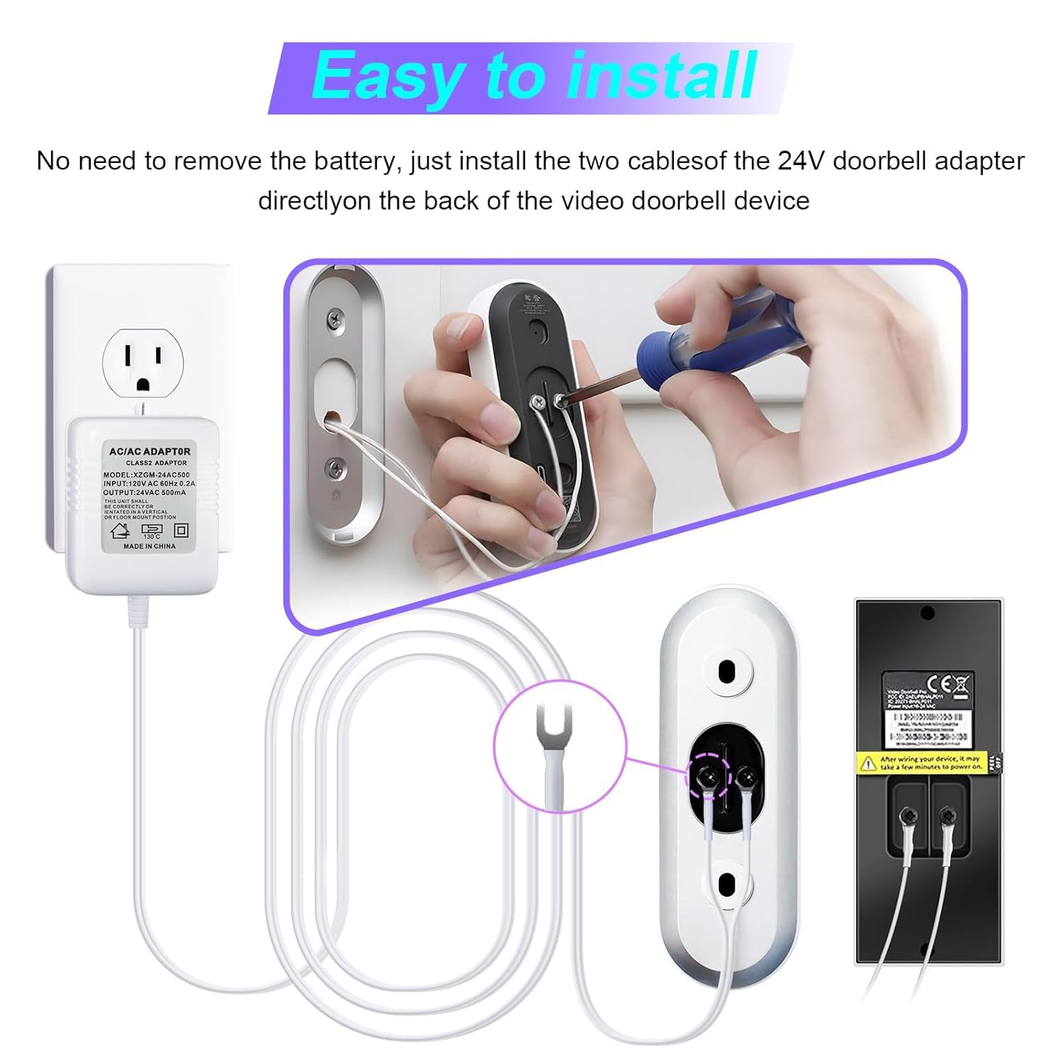 24V Video Doorbell Power Transformer, Video Doorbell Charger Cord for Ring Video Doorbell,Compatible with Ring,Google Nest,WYZE, Eufy,Blink Video Doorbells(32 Ft White)