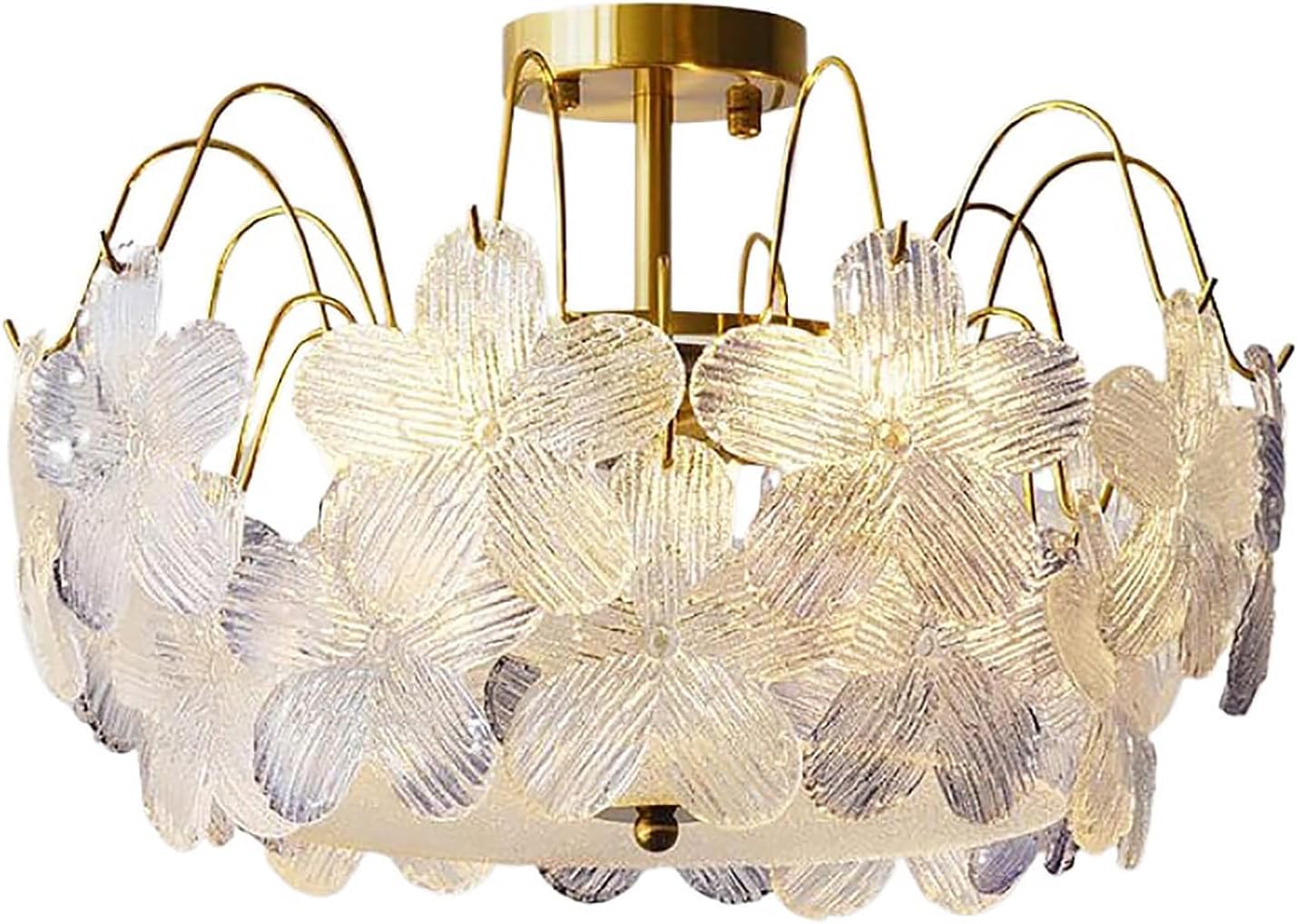 Semi Flush Mount Ceiling Light Glass Flower Pink Flower Chandelier for Girl's Room Modern 6-Light Crystal Pendant Lamp Rustic Lotus Pendant Light for Bedroom Living Room