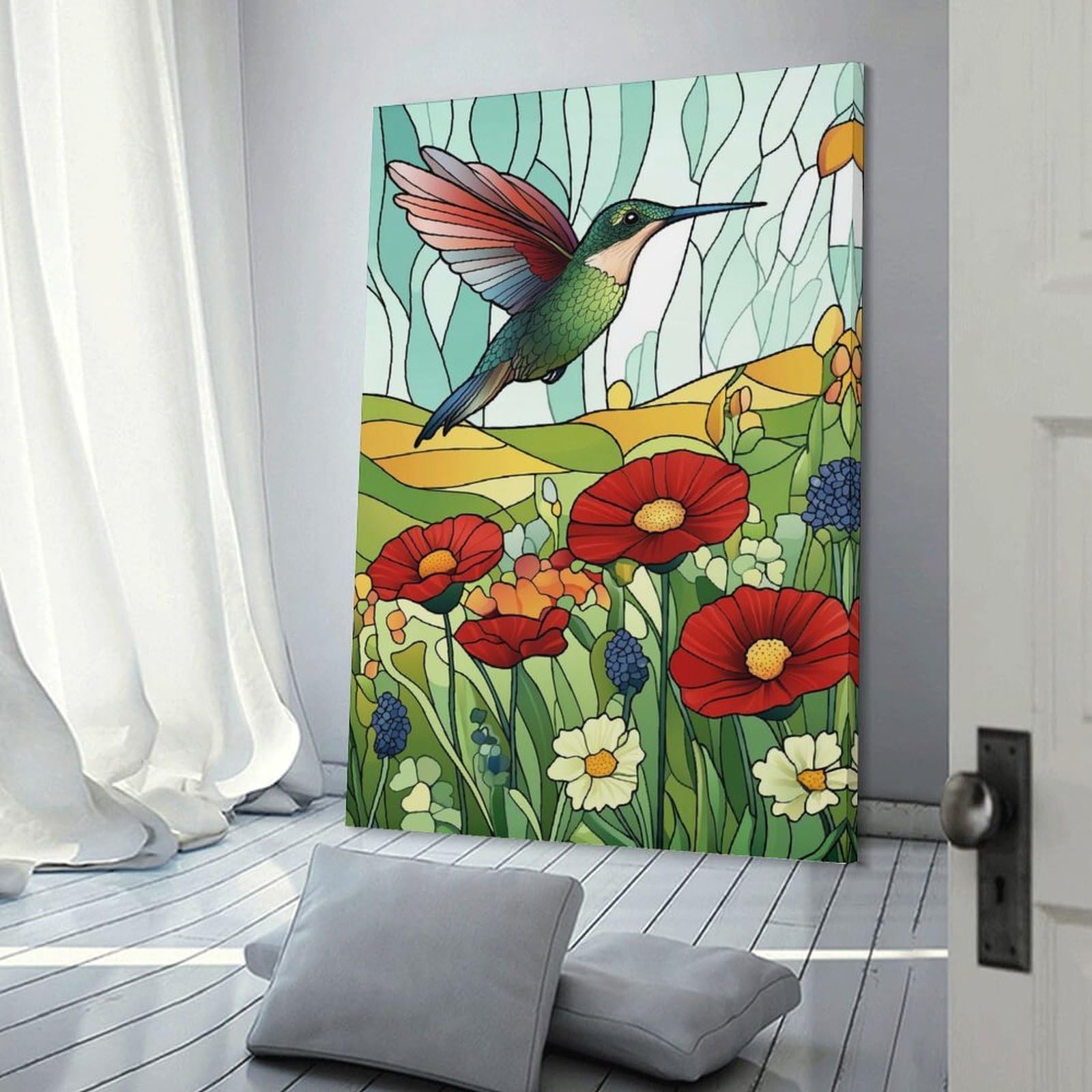 Junmoney Hummingbird in Flower Garden Wall Picture Print, 24x36inch(60x90cm), for New Homes, Bedrooms Or Workspaces, Thoughtful Wall Decor for Art Lovers
