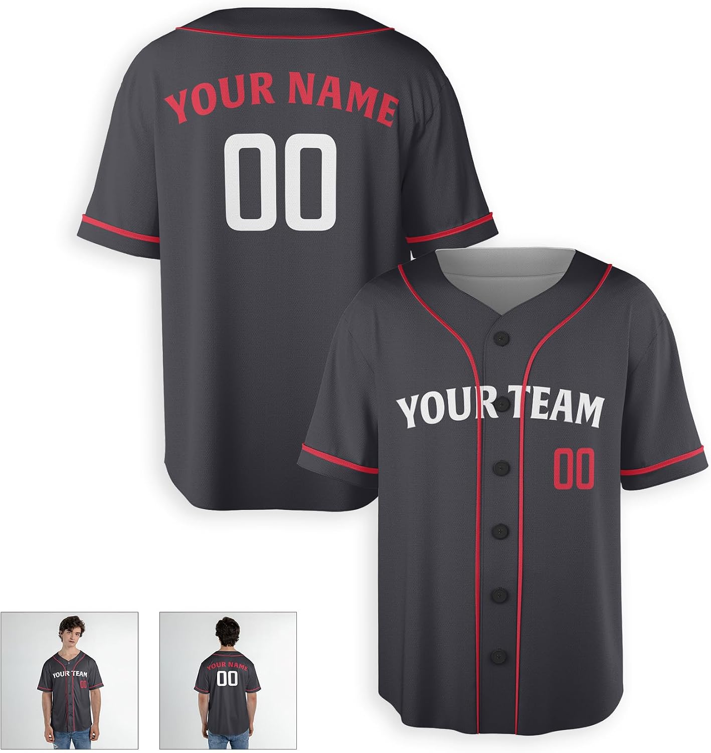 Custom Baseball Jersey with Red Trim for Men, Women, Youth, Toddlers & Infants - Add Your Name & Number - Piping & No Piping Options