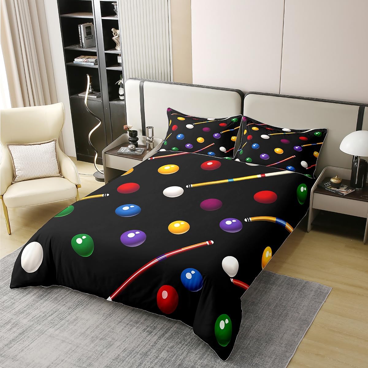 Erosebridal Billiard Balls Duvet Cover Set Billiard Cue 100% Cotton Comforter Cover | Pool Balls for Pool Table Full Size Bedding Sets, Billiards Pool Cue Bed Set