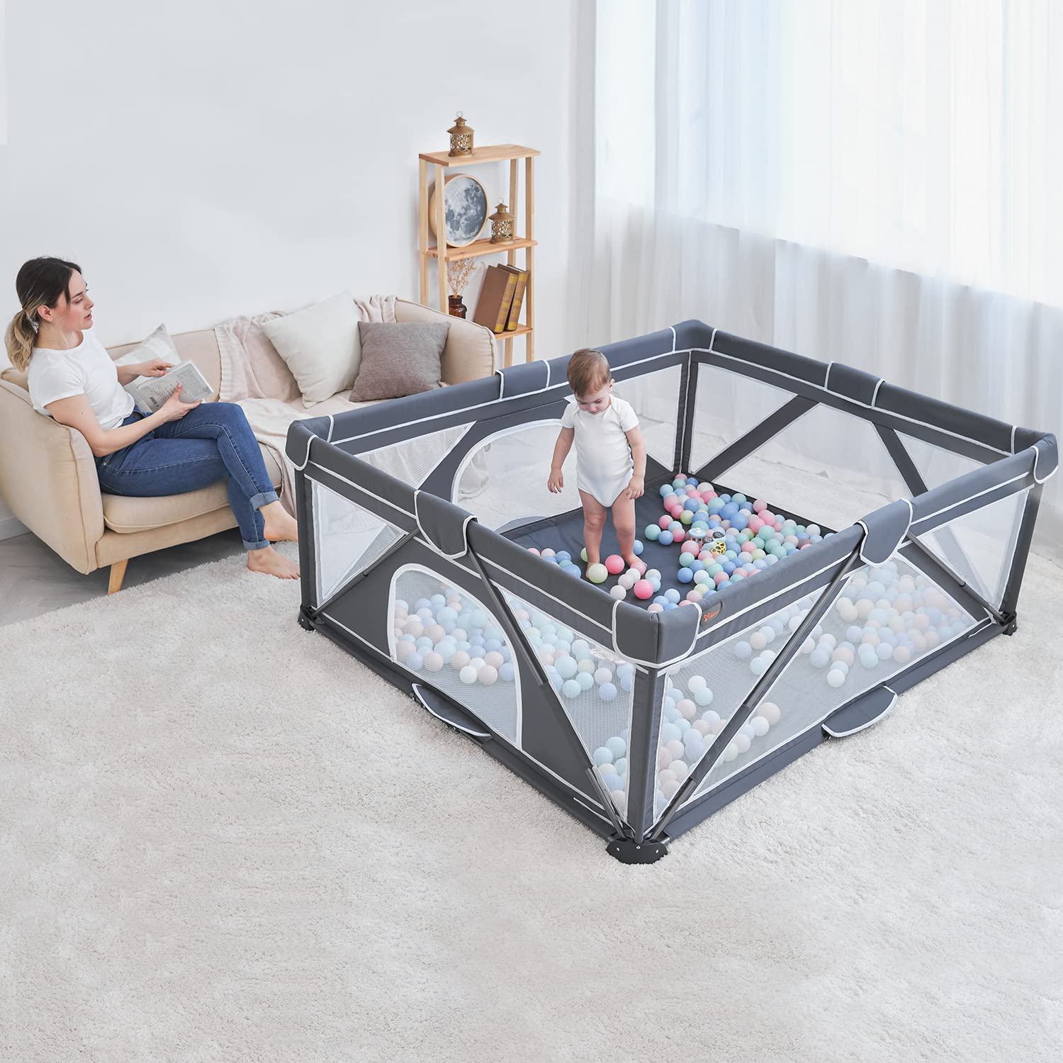 Yobear Foldable Baby Playpen (71"x59") - Portable Play Yard for Babies and Toddlers with 50 Ocean Balls, 2 Pull Handles & Carry Bag - Easy Setup Safe Indoor Outdoor Kids Activity Center (Dark Grey)