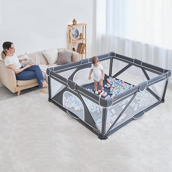 Foldable Baby Playpen, Yobear Playpen for Babies and Toddlers with 50 PCS Ocean Balls & 2 Handles, Indoor & Outdoor Kids Safety Play Pen Area, Portable Travel Play Yard (Black, 50 50)