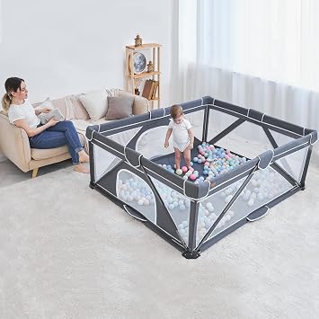 Foldable Baby Playpen, Yobear Playpen for Babies and Toddlers with 50 PCS Ocean Balls & 2 Handles, Indoor & Outdoor Kids Safety Play Pen Area, Portable Travel Play Yard (Black, 50 50)