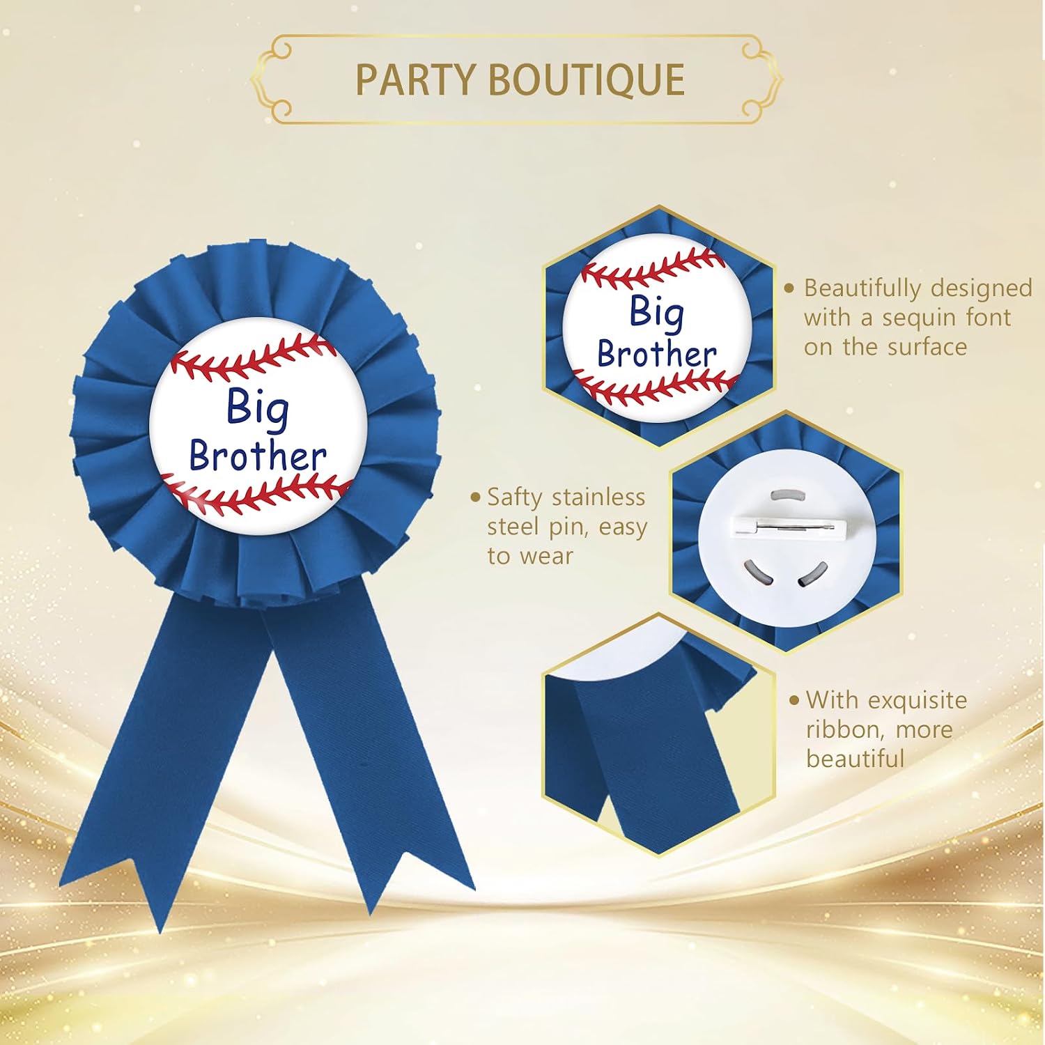 Baseball Big Brother Badge Pin, Baseball Brother to Be Button Pin, Blue Rosette Birthday Boy Award Ribbon Button for Boys, Ball Sport Baby Shower/1st Birthday Party Supplies