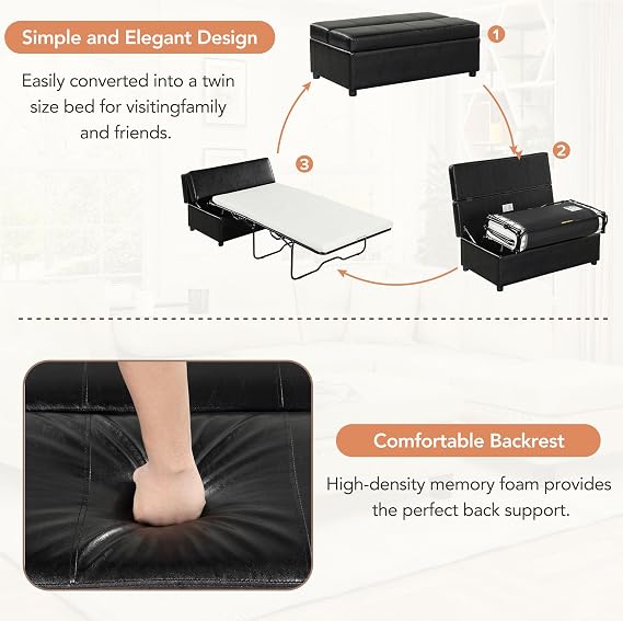 Flieks Folding Ottoman Sleeper Bed with Mattress Convertible Guest Bed Black