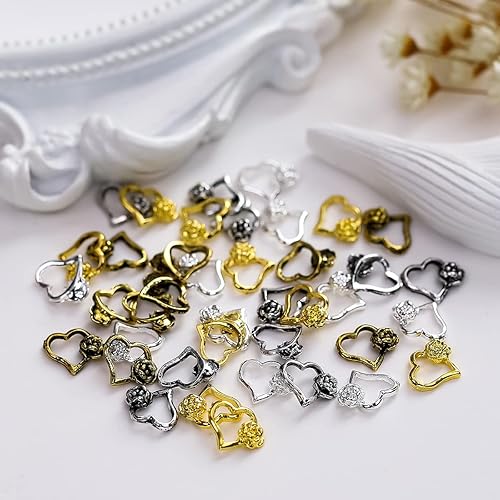 Miniatura 4 de 40 dijes de uñas de corazón dorado huecos de amor suministros de arte de uñas de metal brillante plata antigua dorada corazón colgante de uñas para