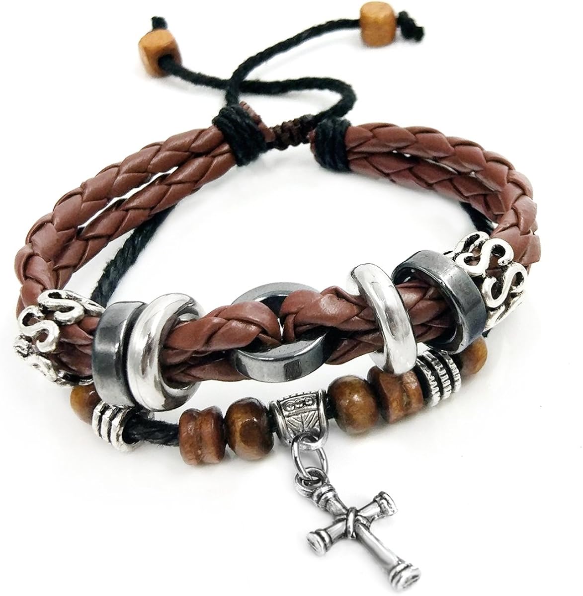 Suyi Multilayer Adjustable Leather Woven Braided Bangle Cross Bracelet Leaf Wrist Cuff Wristband Cross coffee