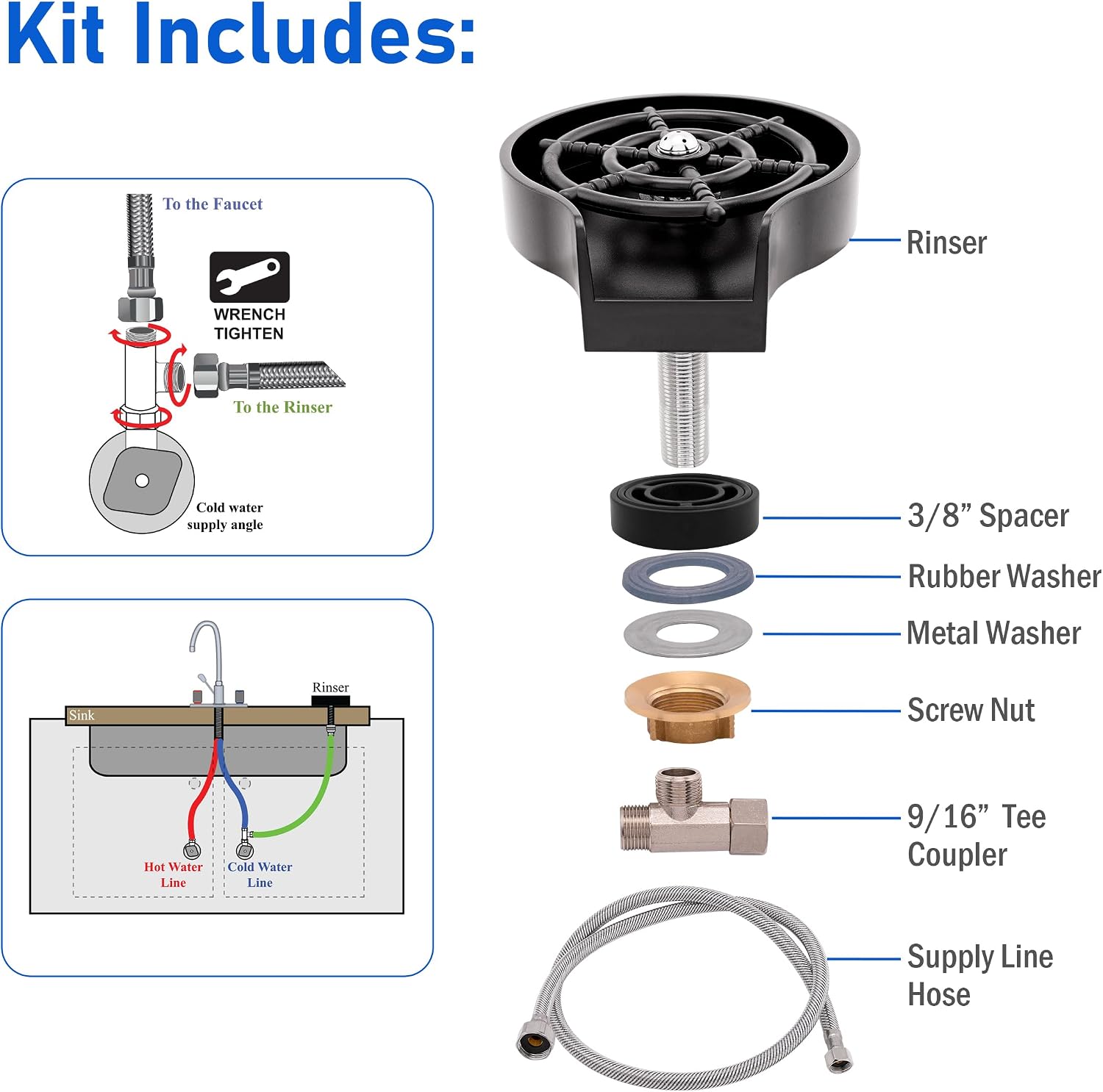 Asani Kitchen Sink Glass Rinser, Baby Bottle Cleaner with 5 High-Pressure Nozzles, Cup Washer with Hose, T-Adapter, Tape, and Rubber Gasket, Essential Sink Accessory