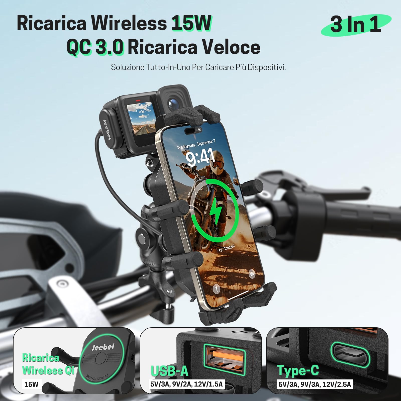 Jeebel Supporto Telefono Moto 3-in-1 Caricatore Smartphone Motociclo con Ricarica Wireless Qi 15W & USB-C QC 3.0 30W, Parasole, Antifurto, Rotazione 360° - Compatibile con iPhone/Android/GPS/ActionCam