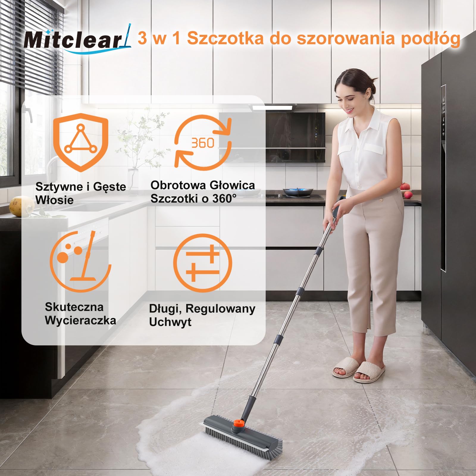 Mitclear Szczotka do Szorowania Podłóg z Długim Uchwytem(120cm), Szczotka do Szorowania 3 w 1 ze Sztywnym Włosiem i Ściągaczką do Szorowania Podłóg w Kuchni, Łazience, Tarasie, Patio, Garażu