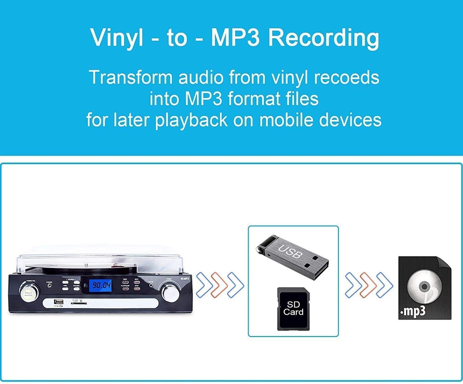 DIGITNOW Bluetooth Record Player with Stereo Speakers, Turntable for Vinyl to MP3 with Cassette Play, AM/FM Radio, Remote Control, USB/SD Encoding, 3.5mm Music Output Jack