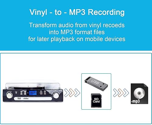 Miniatura 4 de DIGITNOW Tocadiscos Bluetooth con altavoces estéreo, tocadiscos para vinilo a MP3 con reproducción de cassette, radio AMFM, control remoto,