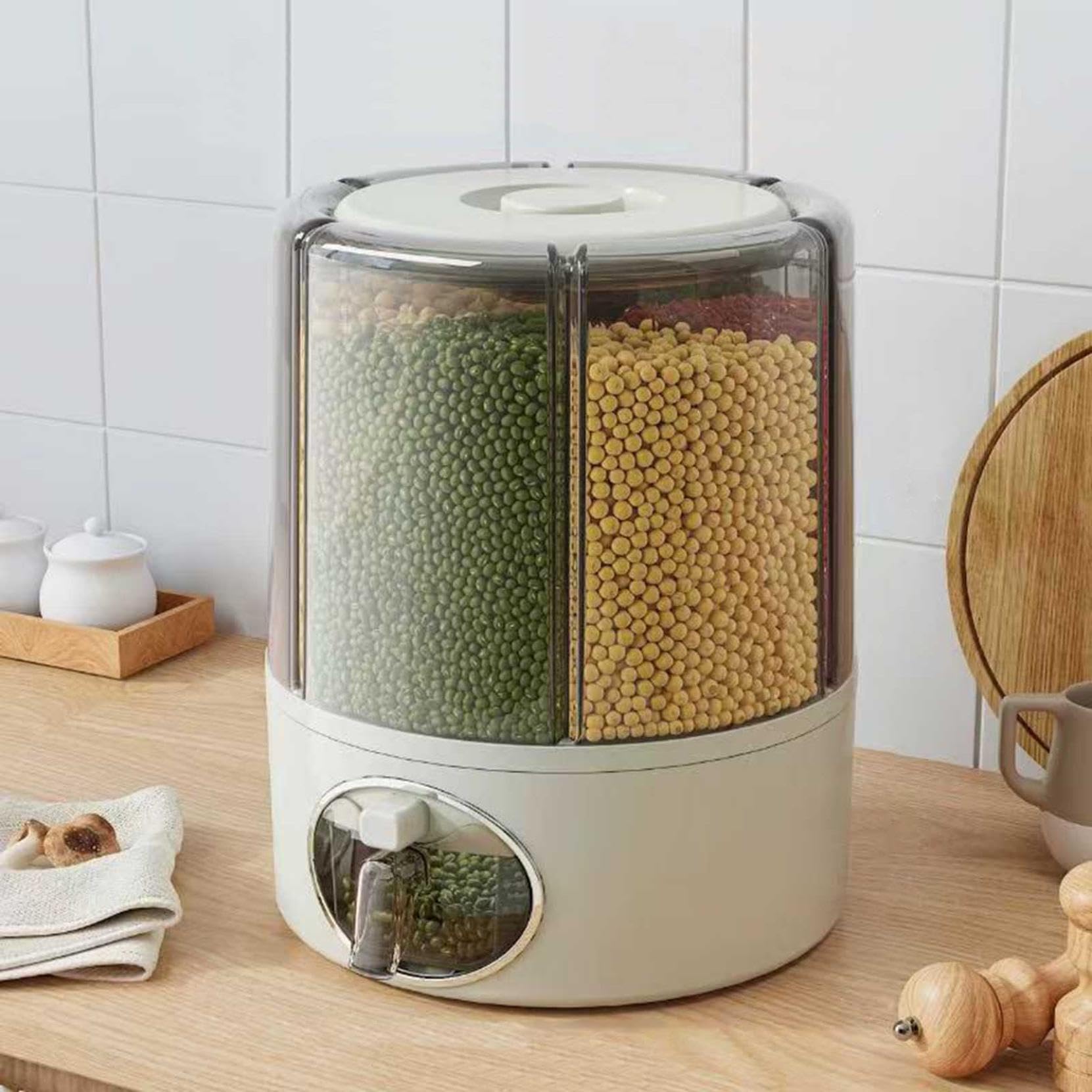 Récipient de rangement rotatif 360° pour céréales, distributeur de riz transparent 6 compartiments avec sortie en un clic, organisateur hermétique