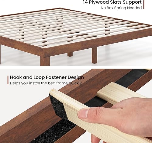 Miniatura 40 de KOMFOTT Base de cama de plataforma de madera de 14 pulgadas, tamaño individual, base de colchón de madera con marco de madera de goma, fuerte Marrón