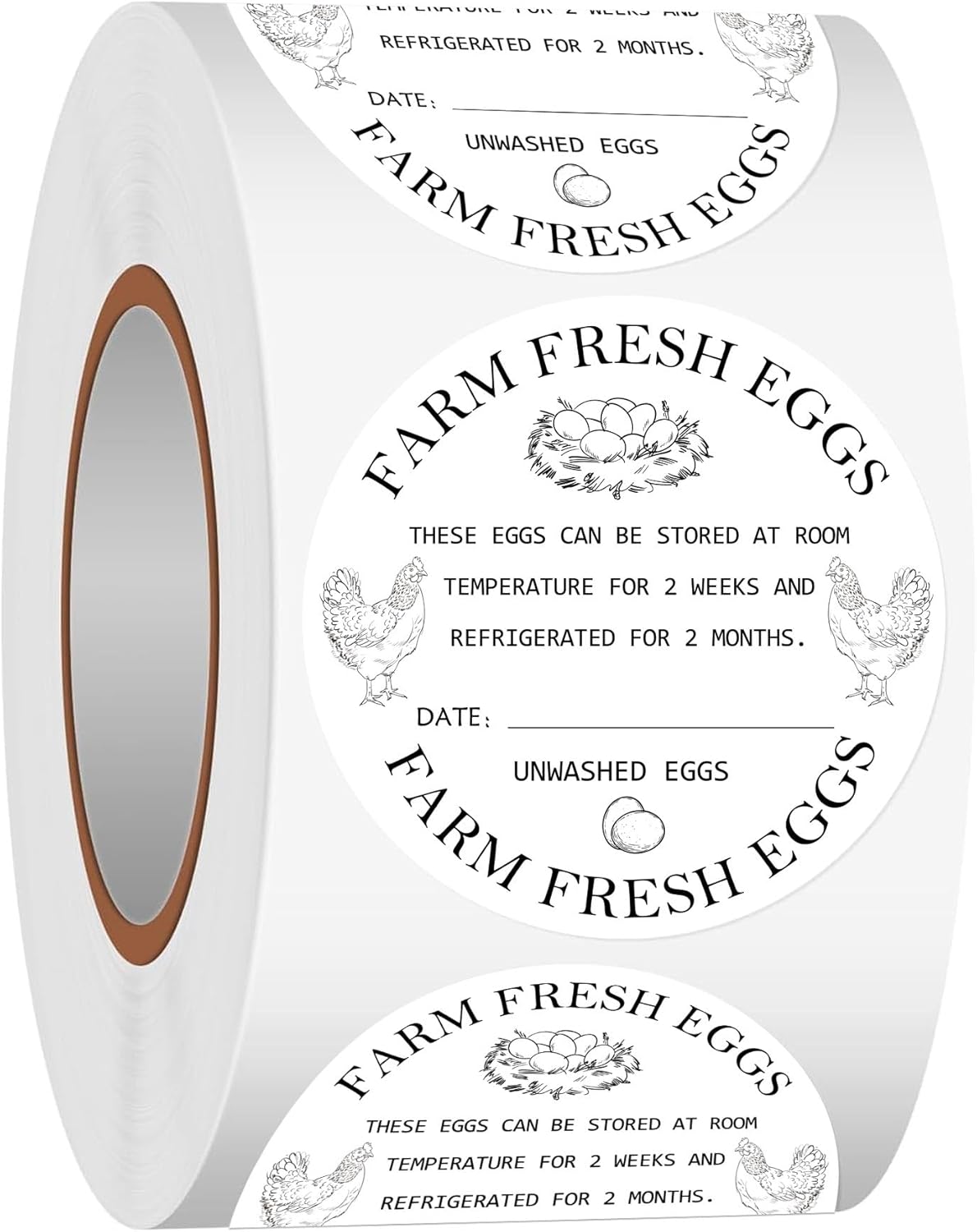 500Pcs Farm Fresh Egg Carton Stickers 2inch Round Unwashed Egg Carton Labels with Collection Date Self-Adhesive Egg Packaging Labeling for Chicken Duck Quail Egg (White)